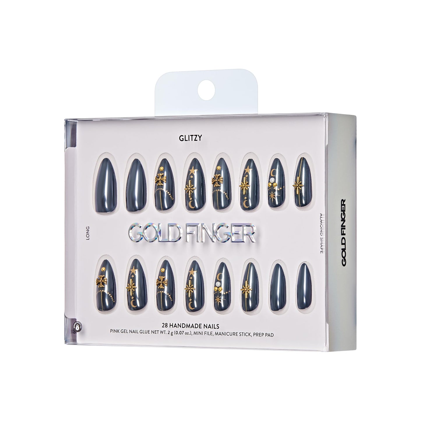 Glitzy 3D Handmade Press On Nail Kit, Rhinestone Gem Black Chrome Long Almond False Nail, Reusable & Lasts Up To 2 Weeks, Seamless Snug Fit Technology, Includes Glue, File & 28Pcs Manicure Set