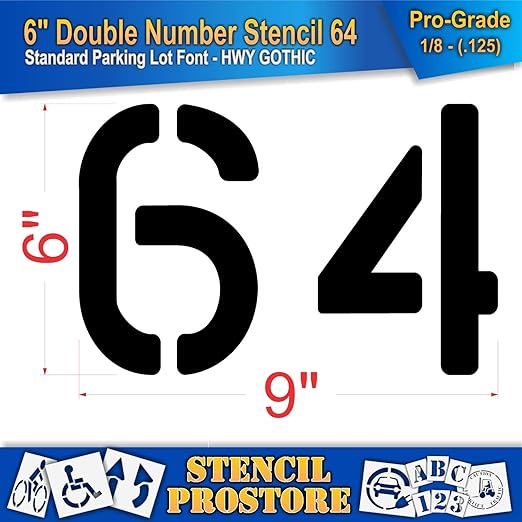 Pavement, Curb, and WheelStop Stencils - 6 inch Double Number Stencil - (64) - 6" x 9" x 1/8" (128 mil) - Pro-Grade