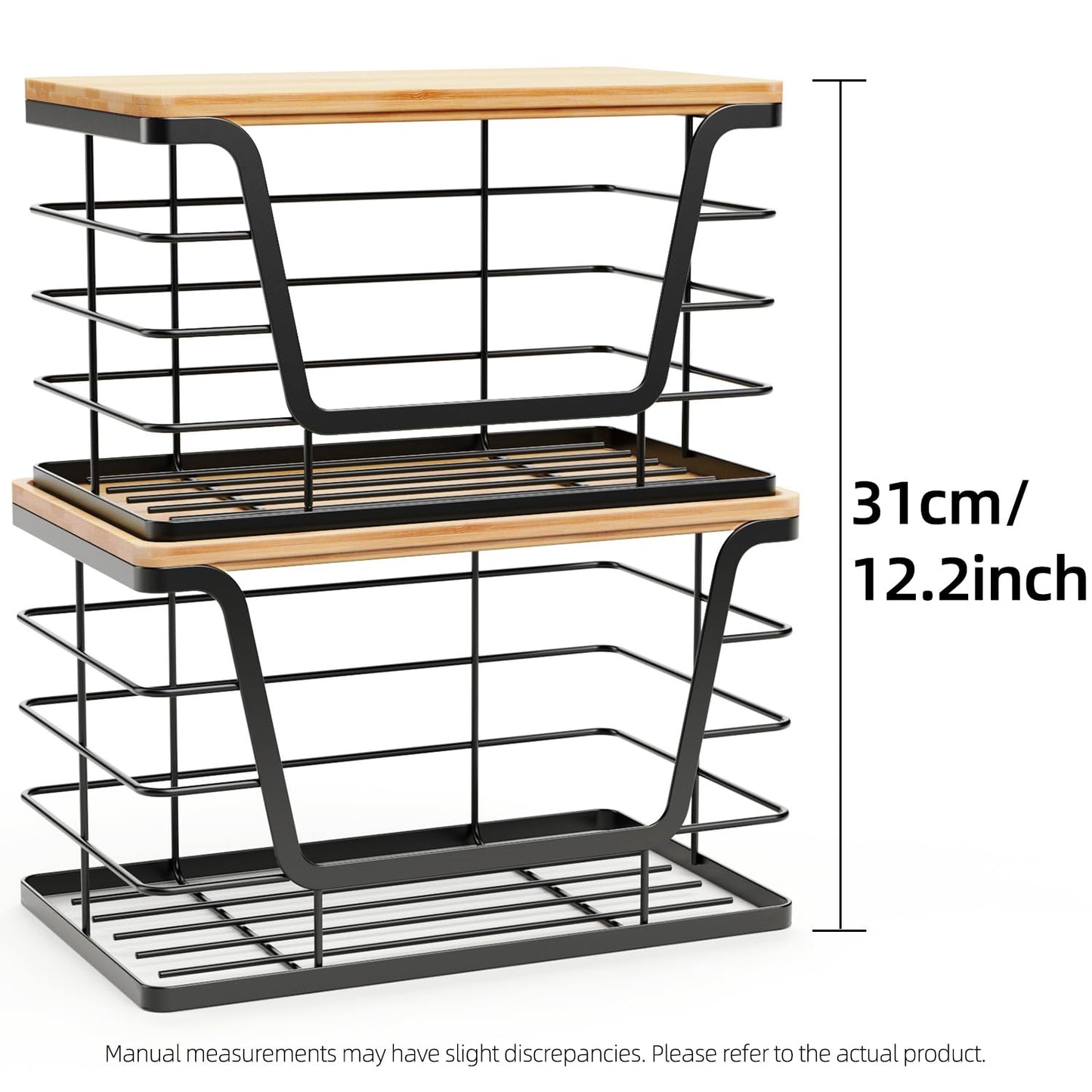 ALOCEO 2 Pack Storage Stackable Kitchen Laundry Organizers with Bamboo Top, Large Trash Bag Holder and Small Garbage Bag Dispenser for Countertop Organization
