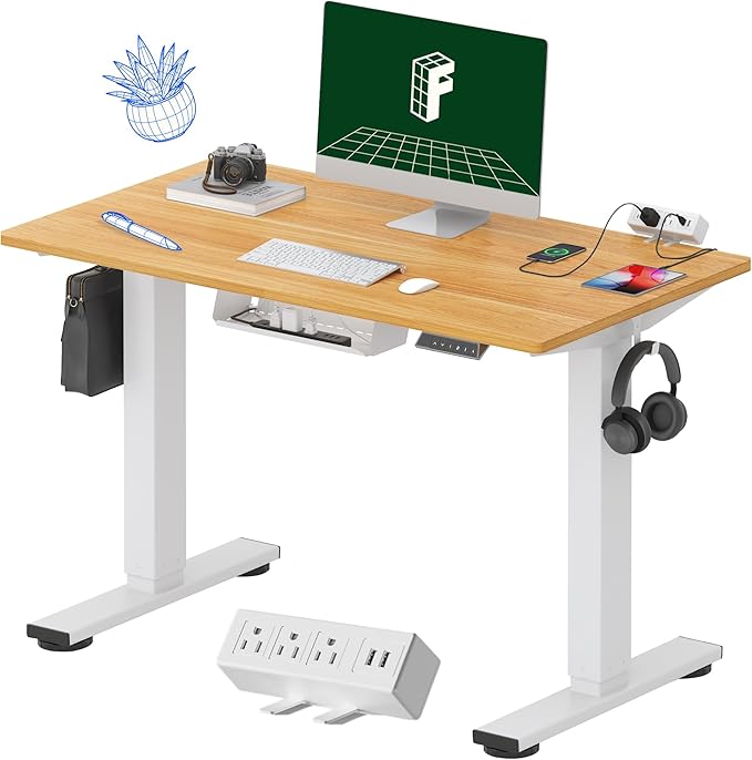 FLEXISPOT EN2 Whole-Piece Standing Desk with Clamp Power Strip, 40 x 24 Electric Stand Up Height Adjustable Desk with Cable Management (White Frame + 40" Maple Top)