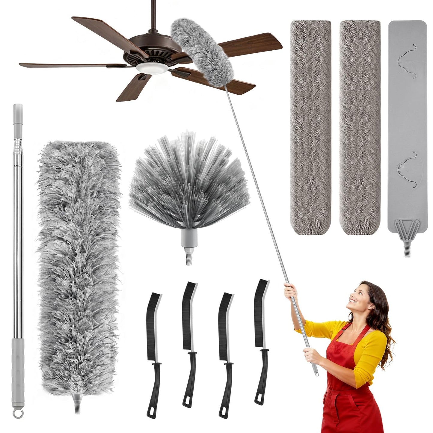MimAuto 100-inch Duster with Extension Pole, 9-in-1 Cobweb Duster Kit Includes Spider Web Brush & Flat Gap Cleaner for High Ceiling, Fan, Under Appliances, Car, Home Deep Cleaning