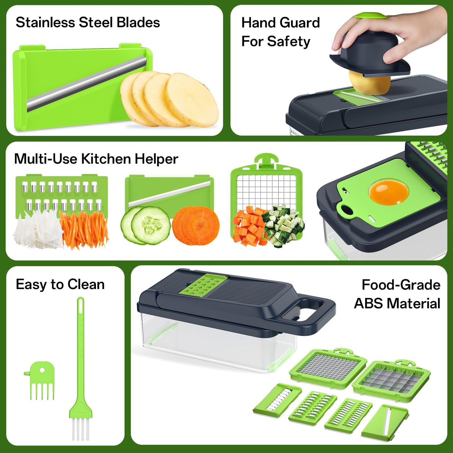 HomeHacks Vegetable Chopper Vegetable Cutter, 12 in 1 Kitchen Gadget, Dicer, Slicer, Onion Cutter, Salad, Cheese Grater & Egg Separator - Multi-Functional Veggie Chopper Lid with Handle (Green)