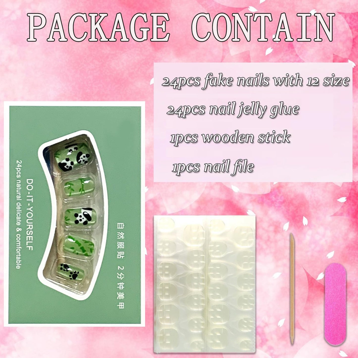 Press On Glossy Full Cover Acrylic Short Green False Nails with Panda Bamboo Artificial Square Shaped Fake Nails with Charms Glue Ons for Women Girls