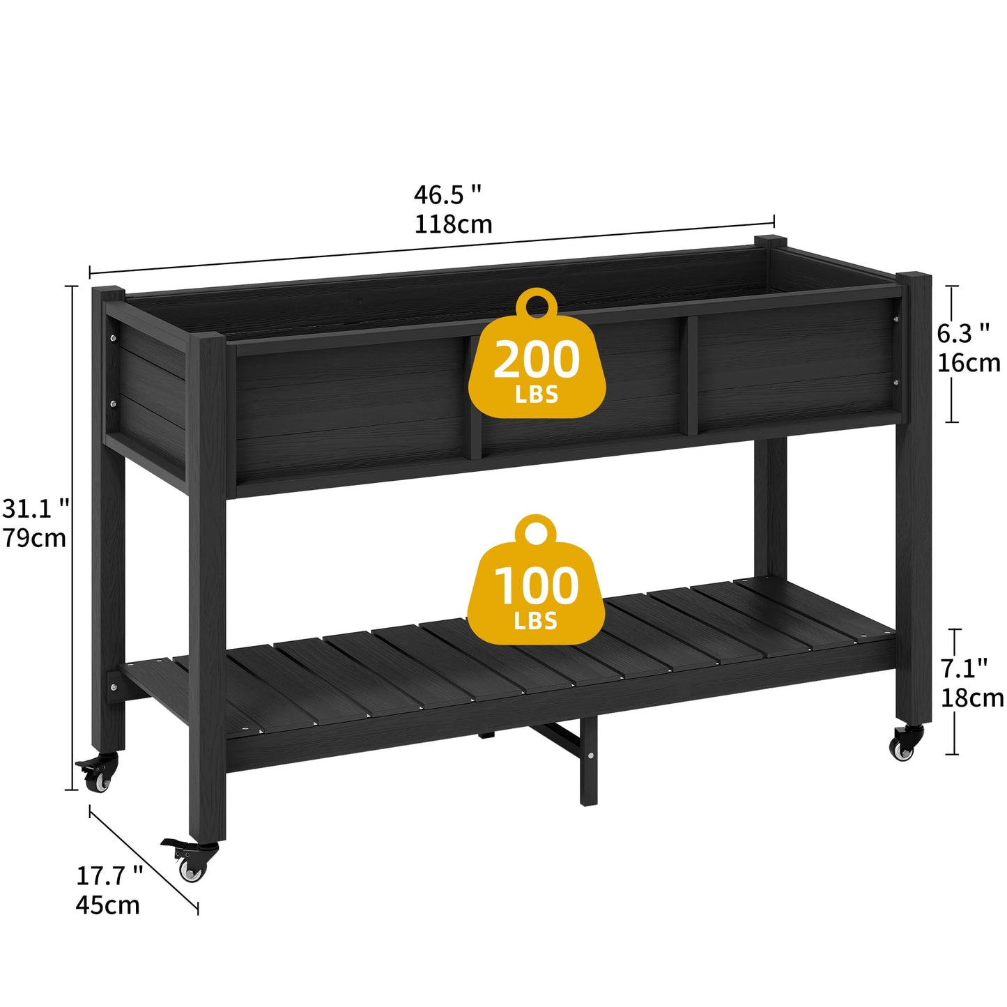 DWVO 47x18x31in Raised Garden Bed Outdoor HDPE with Legs and Lockable Wheels, Weather-Resistant Poly-Wood Elevated Planter Box, Double Tier Planters for Backyard Patio Balcony, Black