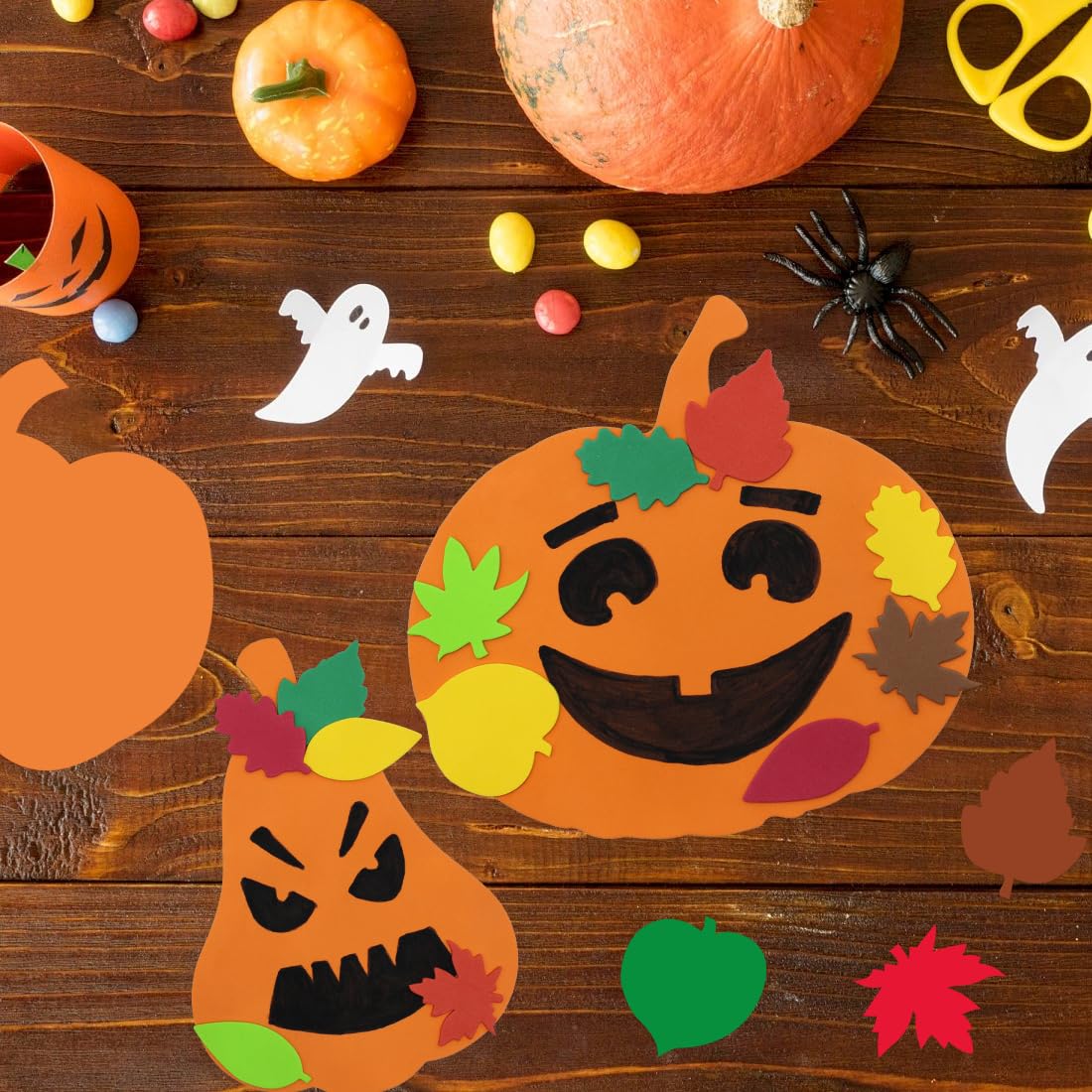 Hifunwu 30Pcs Halloween Foam Pumpkin Craft Kit Decorations with Foam Fall Maple Leaves Rhinestone Stickers for Halloween Thanksgiving Art Crafts Decorations
