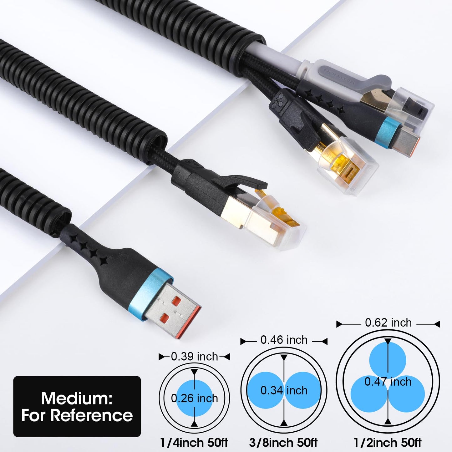 Wire Loom 1/4", 1/2", 3/8 Inch x 50 FT, Split Wire Loom Tubing Wire Conduit, Cable Sleeves Bulk Flexible Electrical Conduit Protective kit