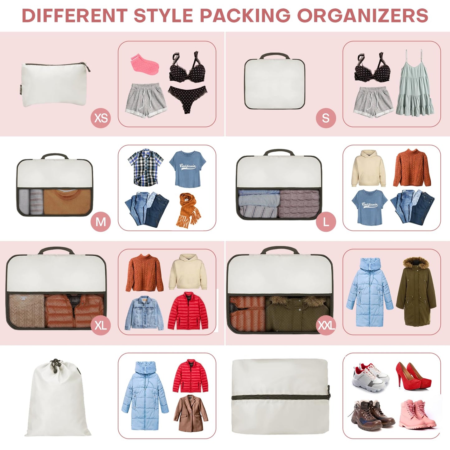 SDGFUI 8 PCS Compression Packing Cubes for Travel Women, Compression Bags Organizer for Luggage Space Saving Travel Essentials and Carry on, Luggage Organizer Bags for Suitcase - Beige