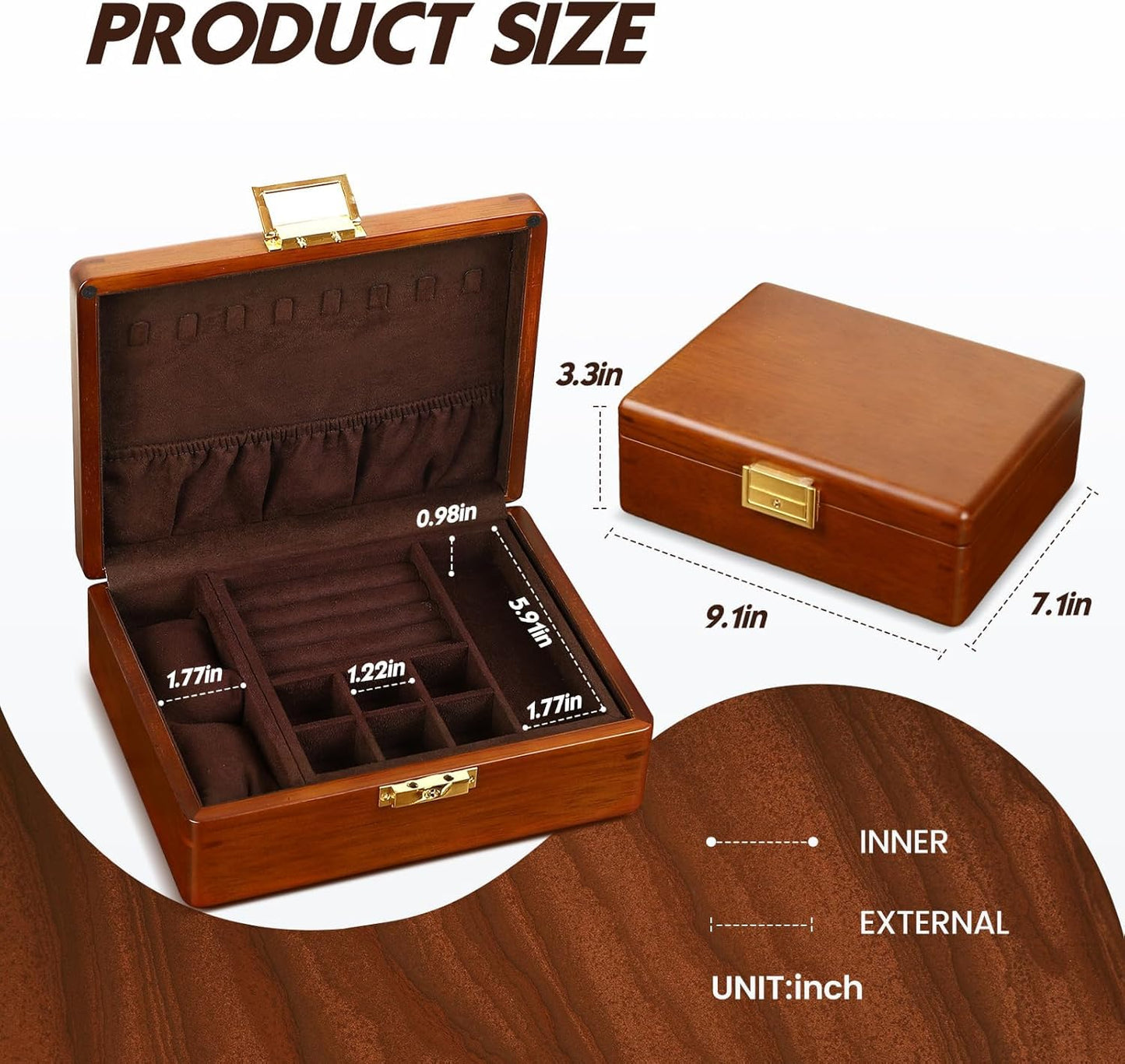 LIBOLXSP Solid Walnut Wood Jewelry Box with Lock,2 Layer Velvet Lined for Earrings Rings Necklaces Bracelets Watches,Both Style and Security, for Men Women,Vintage Brown