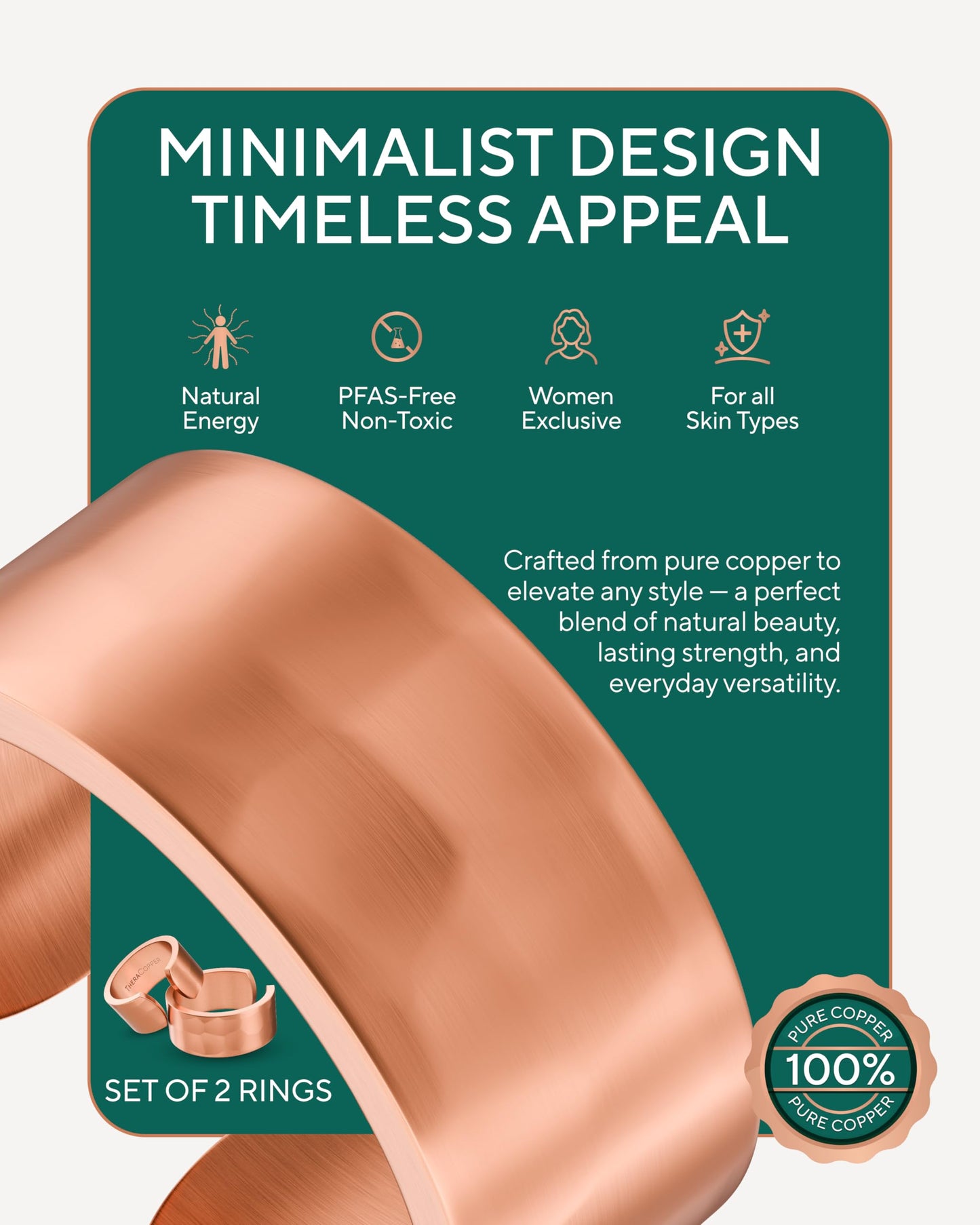 TheraCopper Pure Copper Rings for Women (2-Pack) — 100% Pure Copper Ring — Raw, Solid & Uncoated Authentic Handmade Open-End Adjustable Ayurvedic Jewelry Rings (10mm Hammered)