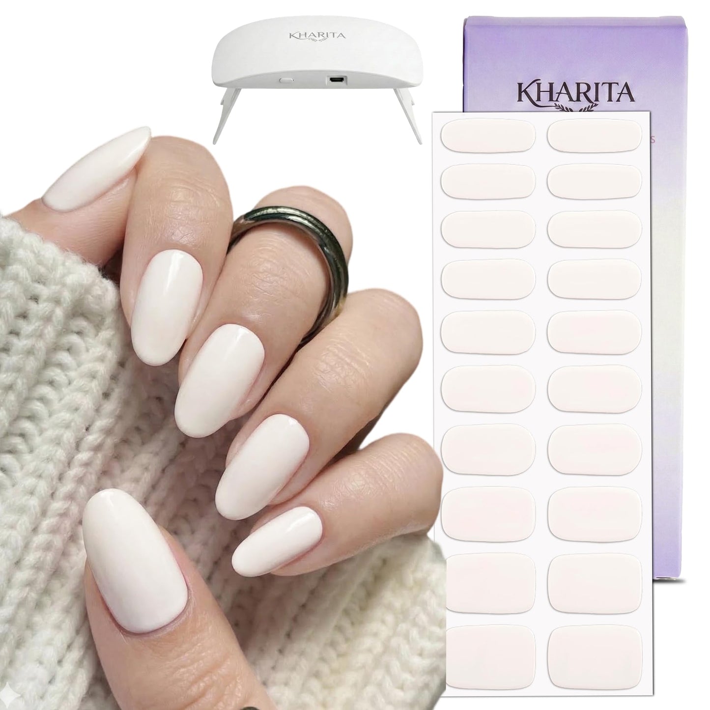 KHARITA Semi Cured Gel Nail Strips – Real Gel Nail Polish Wraps | Long Lasting Easy Peel-Off Removal | Hema-Free | 20-Piece Solid Warm White Salon Sticker Kit with UV Light