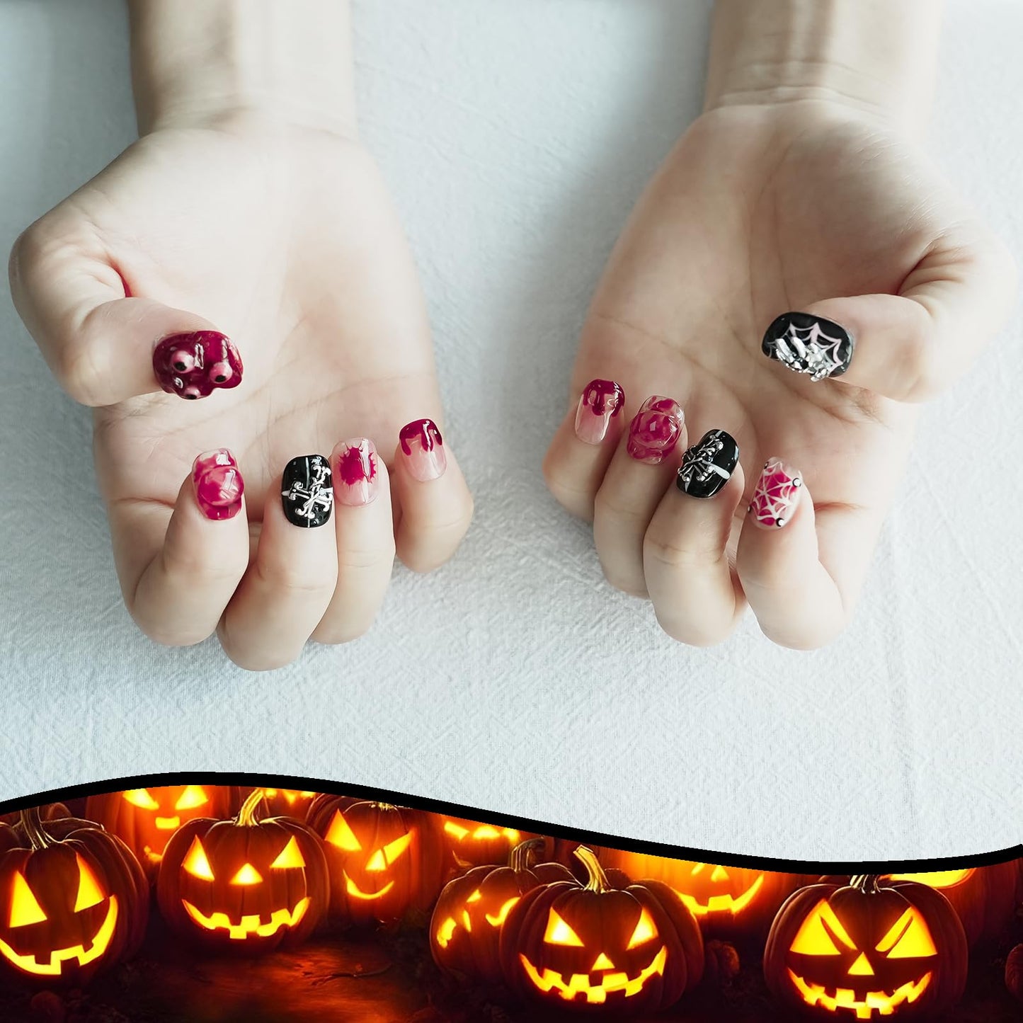 Handmade Goth Press on Nails Short Square - Red & Black 3D Spider Skeleton Charms, Edgy Alt Style Luxury False Nails, Salon Quality Reusable Thick Acrylic (Monster,M)