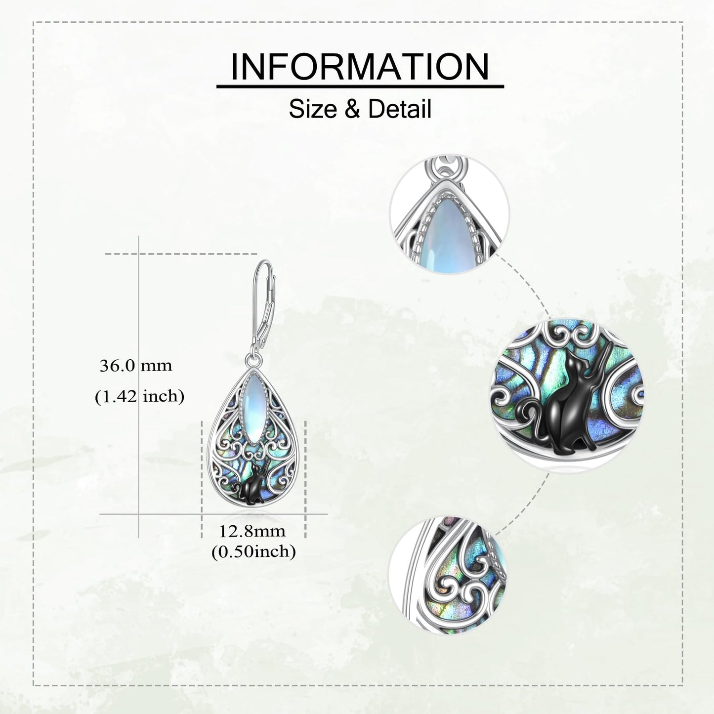 Cat Filigree Earrings Sterling Silver Teardrop Abalone Shell Drop Dangle Earrings Filigree Leverback Earrings Jewelry