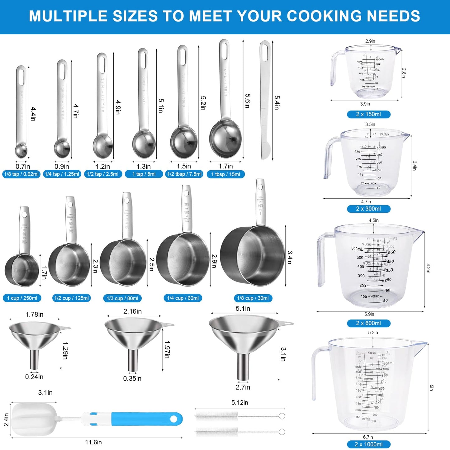 Measuring Cups and Spoons Set 26 Piece, 11 Stainless Steel Nesting Measuring Spoons and Cups with 8 Plastic Measuring Cup, 3 Funnel, 3 Brush, 1 Ruler, Measuring Cup Set for Kitchen Baking Liquid Dry