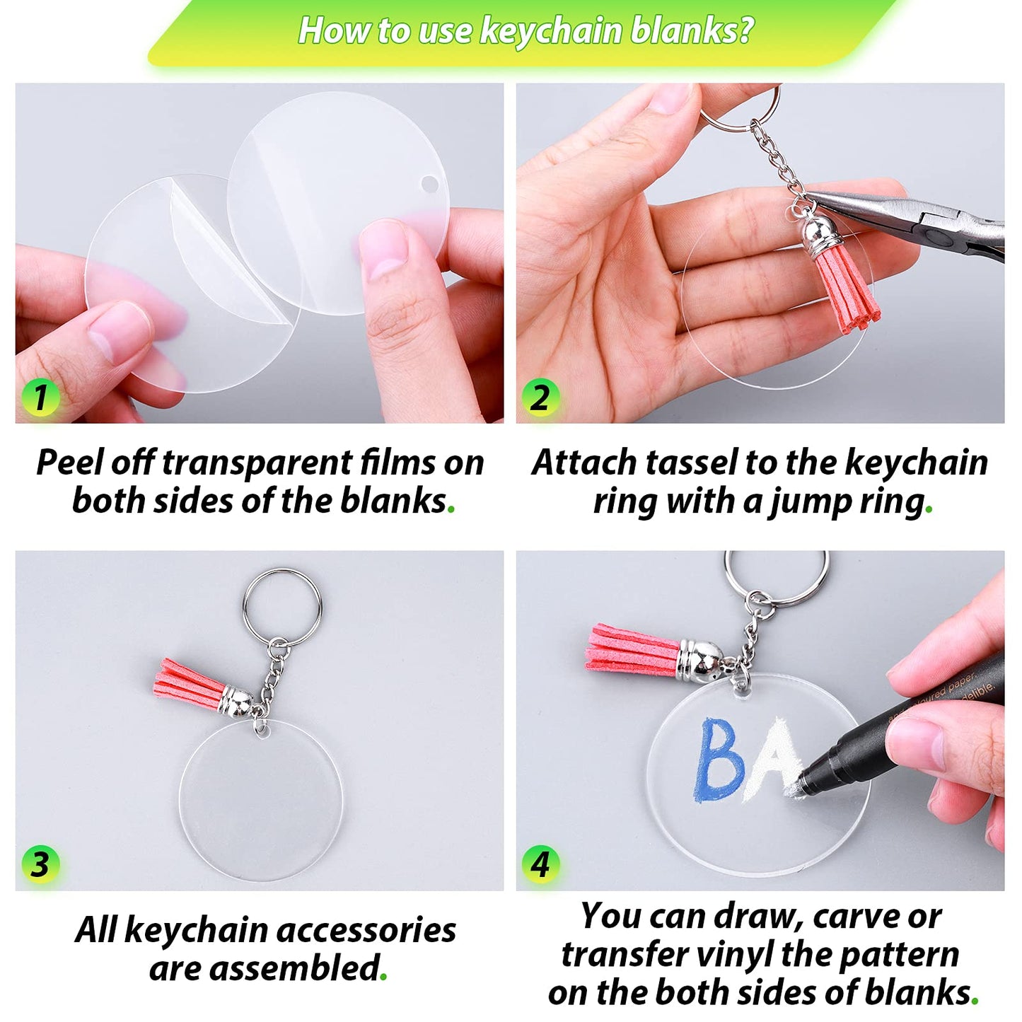 Cruzix 200Pcs Blank Keychains for Vinyl, Acrylic Keychain Blanks Bulk with 5 Shapes Clear Acrylic Disc Leather Tassel Charms Key Chains Jump Ring for DIY Craft Ornament Engrave Painting