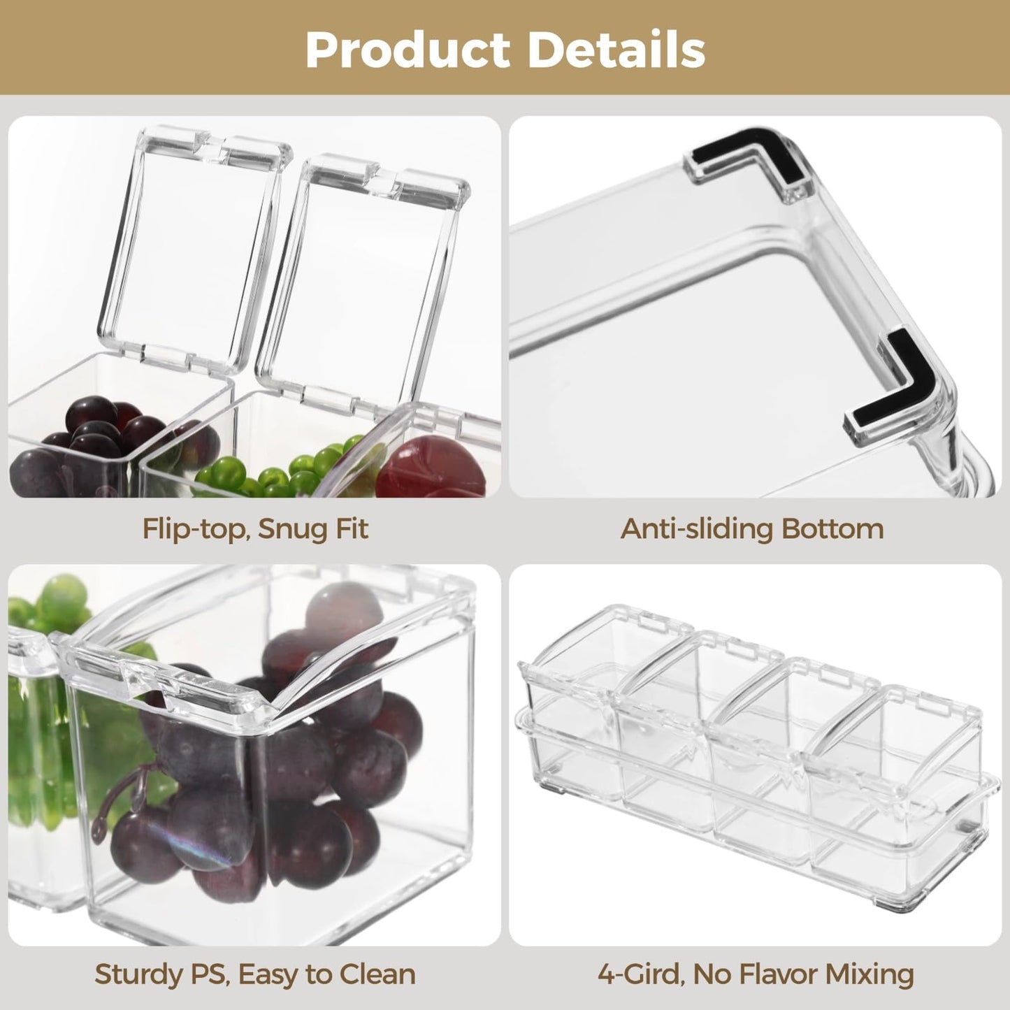 2 Pcs Ice Chilled Condiment Caddy, 4-Compartment Seasoning Box, Includes Base, 4 Spoons, 20 Reusable Ice Cubes, Clear PS, 3.9 x 10 x 3 in, Condiment Server With Lids for Taco Bar, Parties