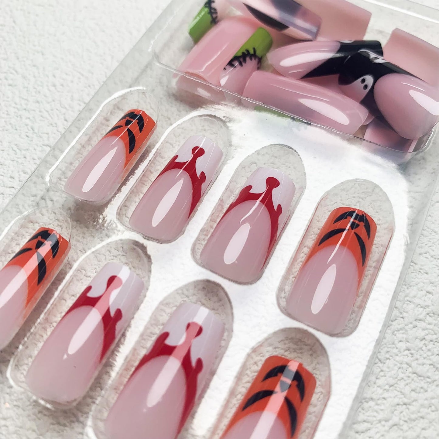 Halloween Press on Nails Long Sqaure Fake Nails French Tips Nails Press ons Pumpkin Ghost Face Acrylic Nails Wound Blood Designs False Nails Glossy Glue on Nails for Women Girls 24Pcs