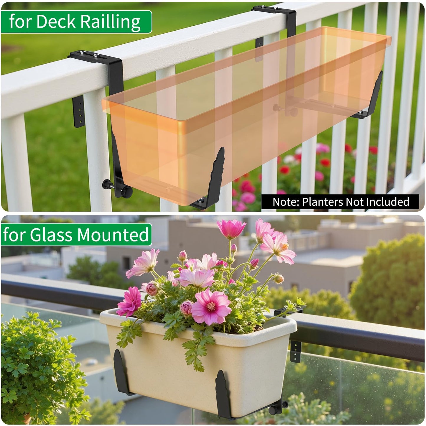 Window Box Brackets, Adjustable Planter Box Brackets, Heavy Duty Iron Flower Box Bracket for Deck Railing with Upgraded Bottom Support - Ideal for Balconies, Fences, and Gardens (2)
