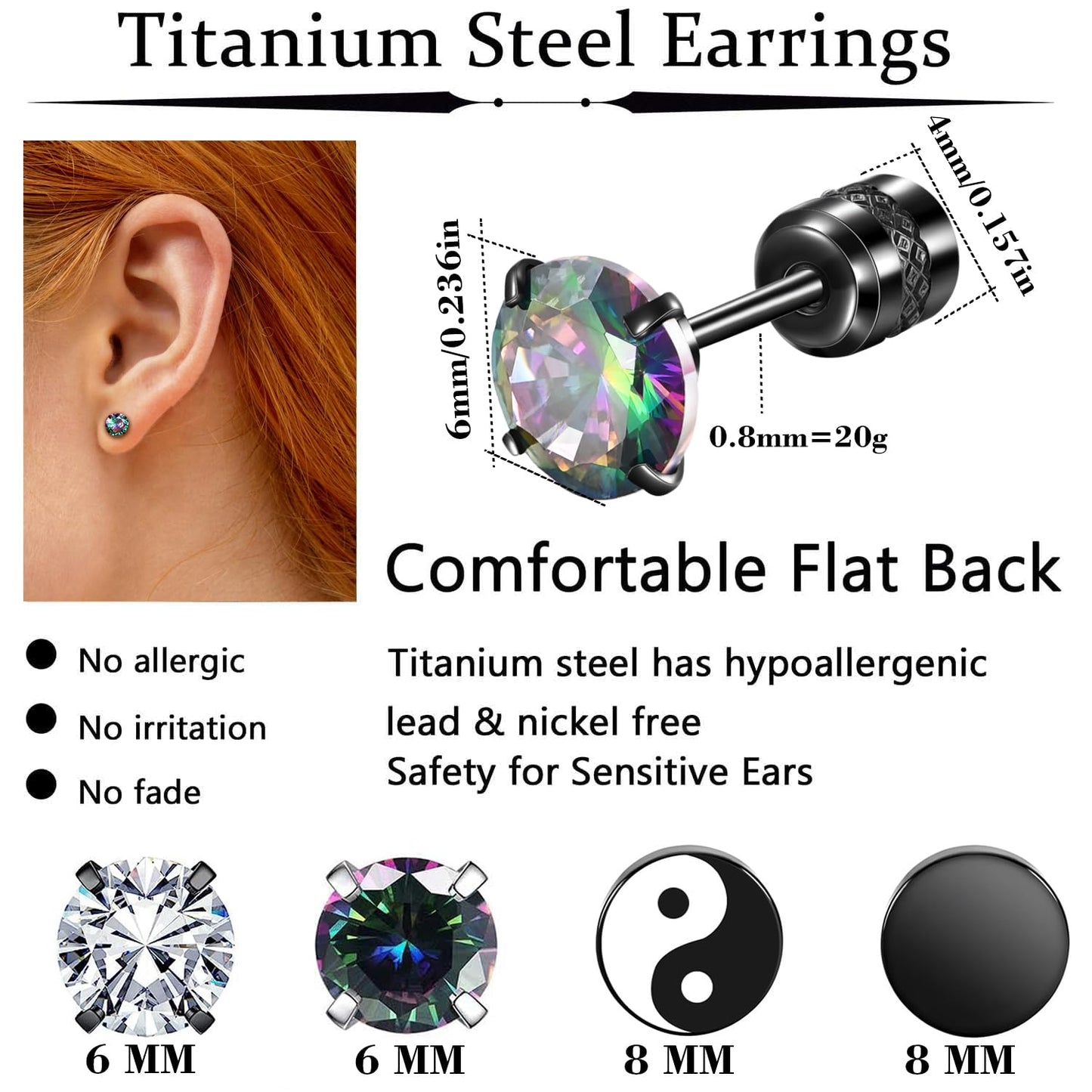 SIISPRI 4 Pairs Black Earrings for Men, Titanium Screw Back Surgical Stainless Steel Stud Earrings Rainbow 5A Cubic Zirconia Hypoallergenic Aritos Para Hombre Studs Jewelry Set for Men Women (Flat Back Stud Earrings-A)