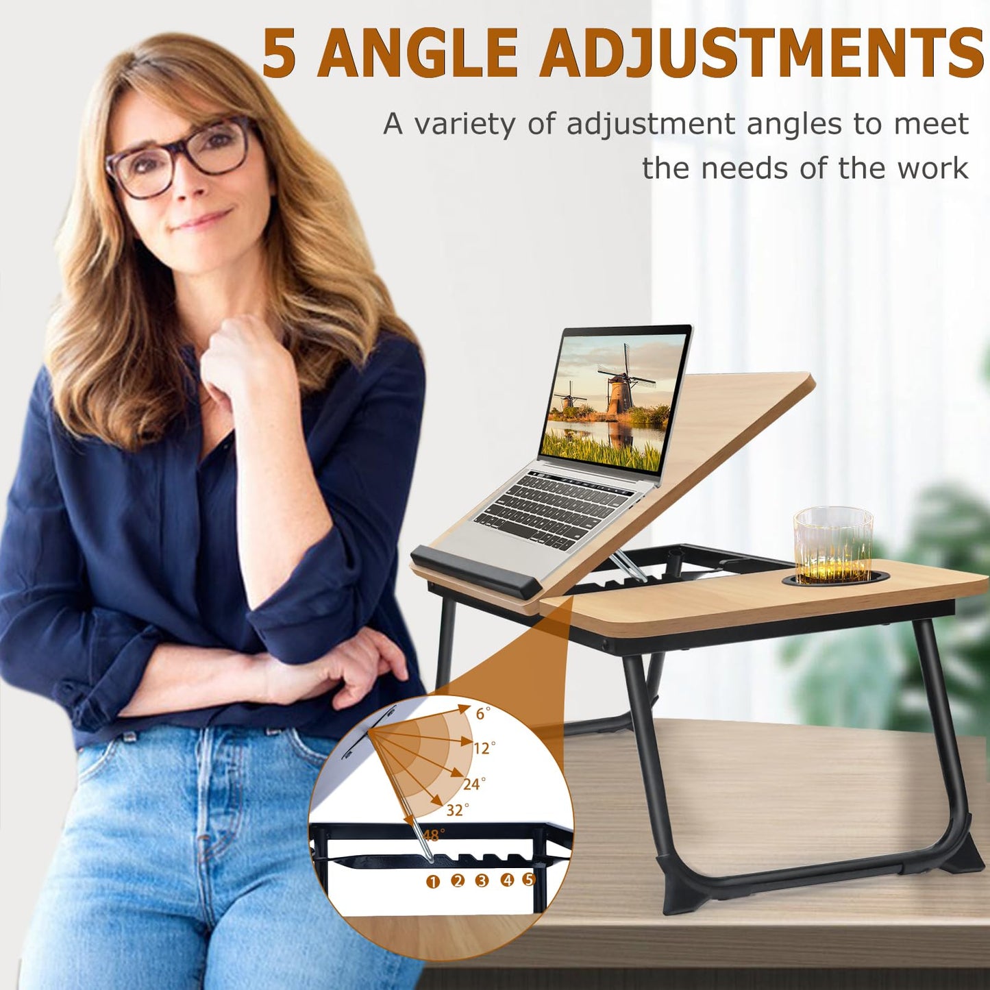 Adjustable Laptop Desk for Bed,Bed Table for Laptops,Laptop Stand for Beds,Lap Desk Foldable Bed Desk for Laptops and Writing,Portable Beds Tray Table with Cup Holder