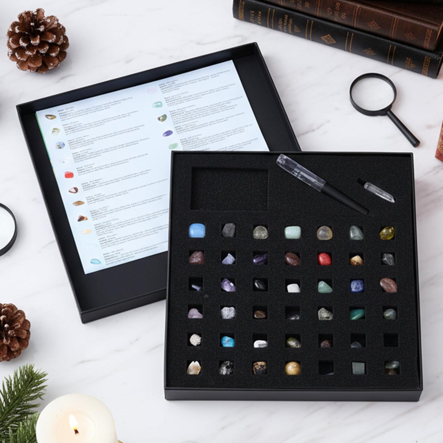 Natural Crystal Mineral Collection Kit - 43 Pcs Natural Rocks & Gemstones with Magnifying Glass, Pen & Crystal Guidebook, Geoscience Starter Collection Set for Kids & Adults Rock Enthusiasts