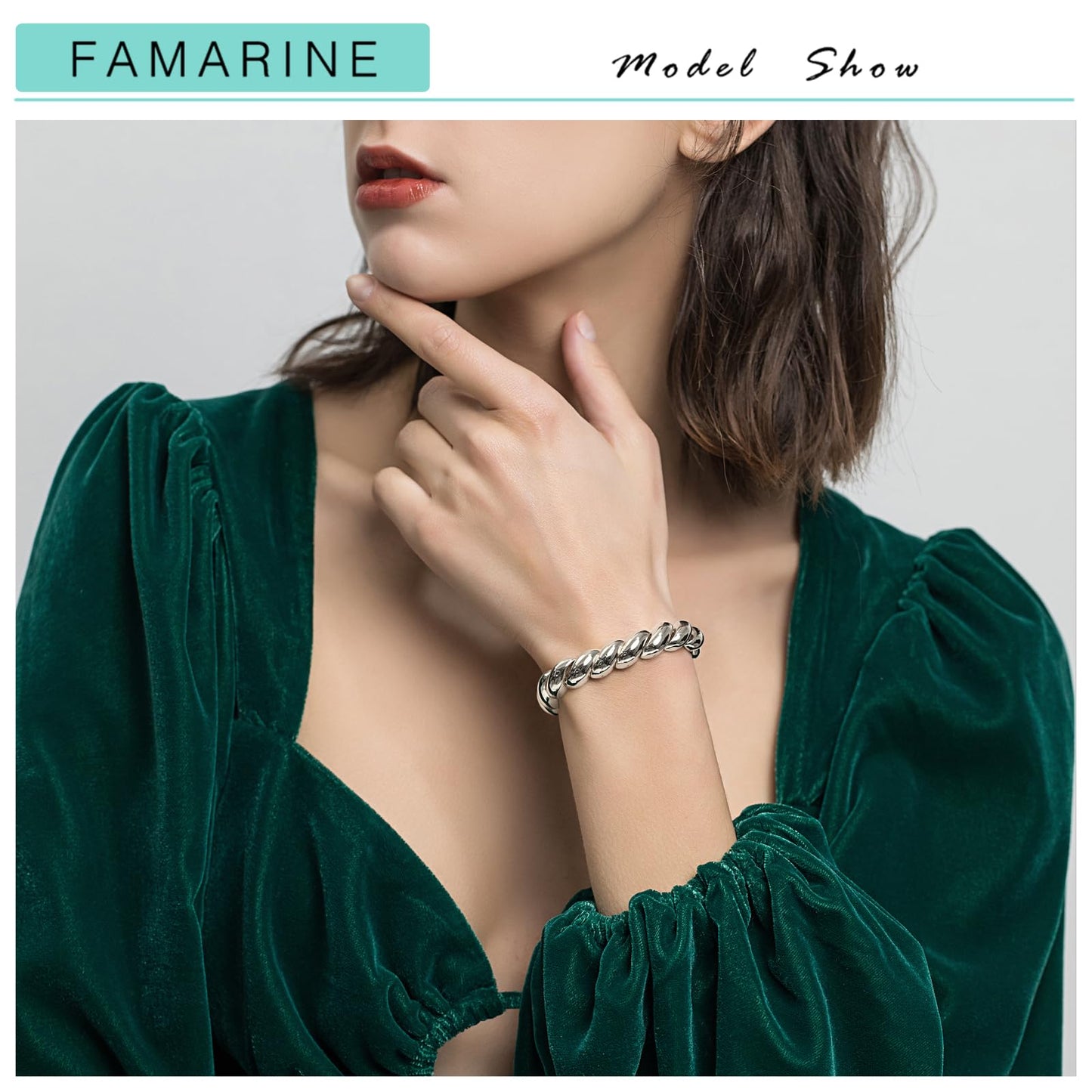 FAMARINE Silver Chunky Bracelet Twisted Bangle Bracelet for Women, Minimalist Wide Charm Bangle Bracelets