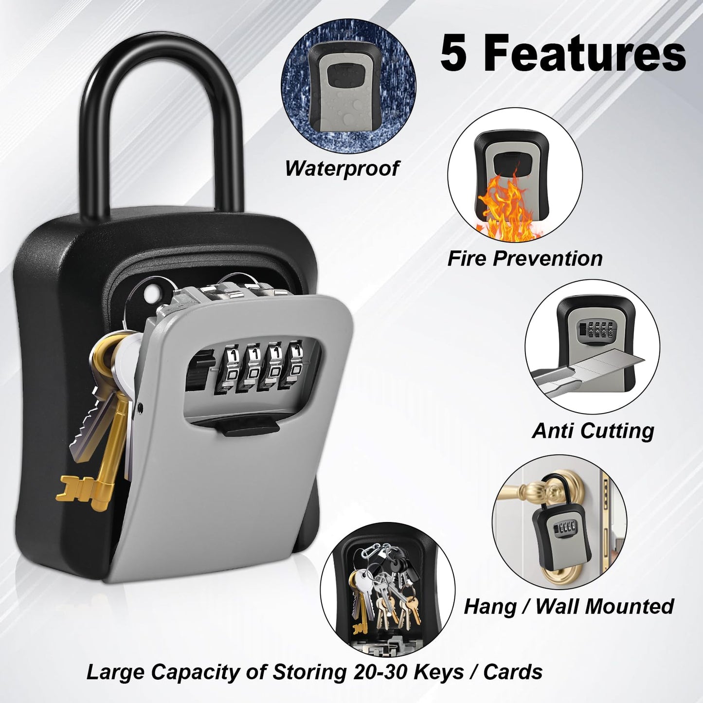 Locilot L Large Key Lock Box, 4.5”x3.7”x1.5” Waterproof Kirsite Combination Lockbox for Keys Outdoor, Portable Key Lock Box Wall Mount with Code (L Size, Gray)