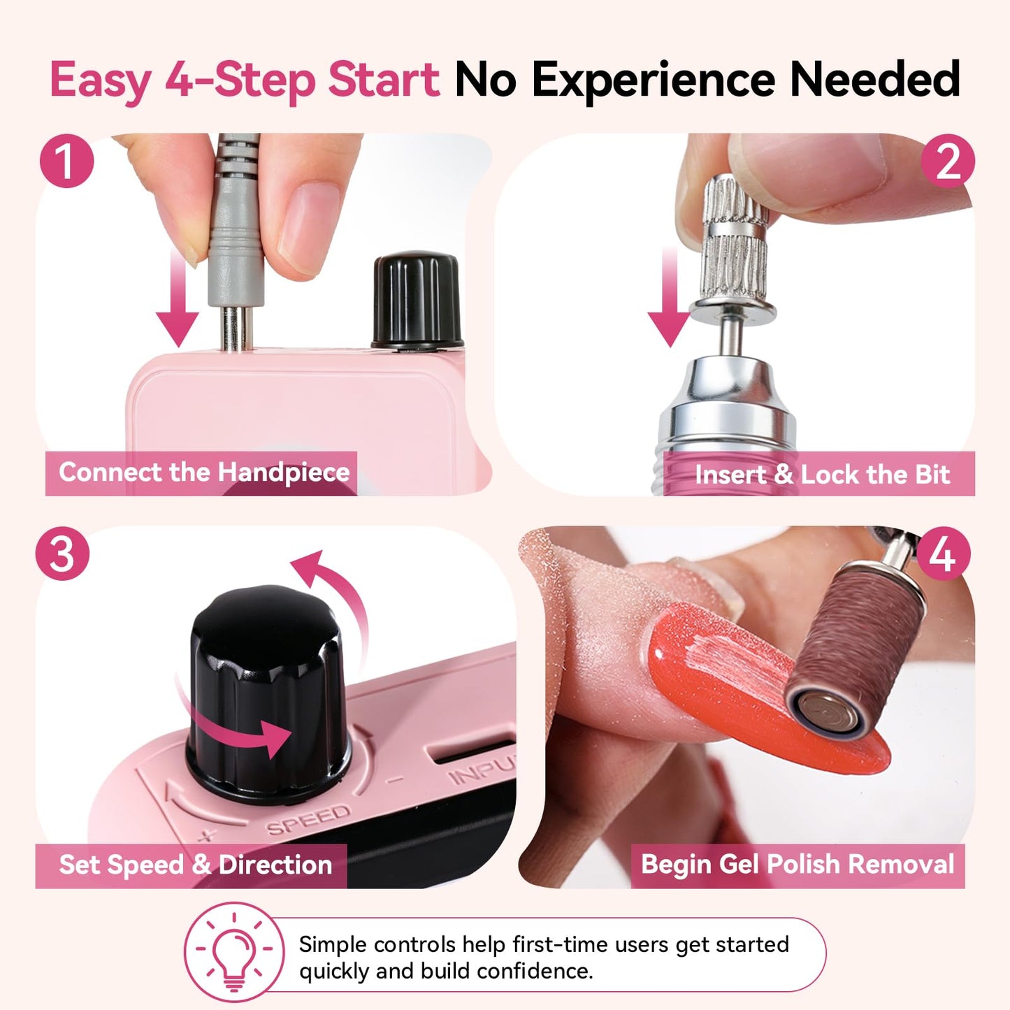 Makartt Cordless Nail Drill for Beginners: Easy & Safe Electric Nail File for Home DIY, Low Vibration Quiet Control with LCD, for Gel Removal, Shaping & Nail Care, YEEYAN