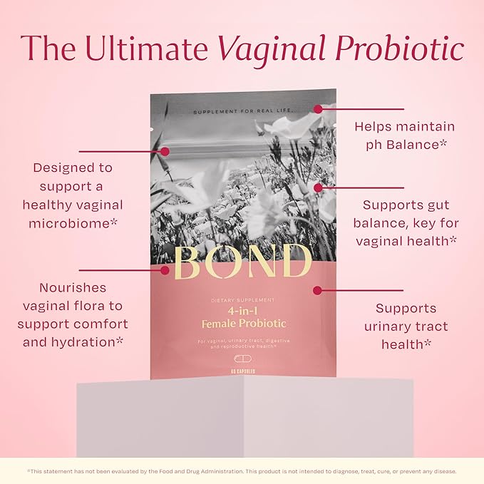 BOND 4-in-1 Female Probiotics - Vaginal Probiotics for Women, Lactobacillus Strains, Cranberry, Prebiotics - Vaginal Health, ph Balance Complex, BV, Gut & Digestive Support, Womens Health - 60 Count
