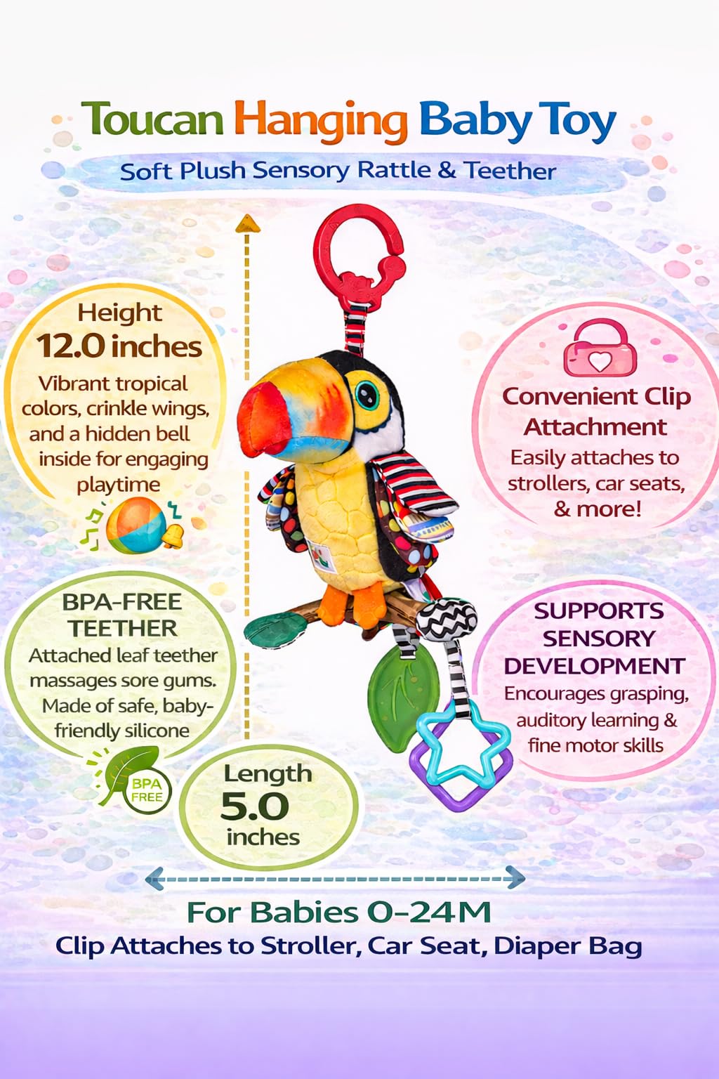 Balibazoo Toucan Hanging Baby Toy – Soft Plush Sensory Rattle with Crinkle Wings, Hidden Bell & BPA-Free Teether | Clip Attaches to Stroller, Car Seat, Gym | Developmental Toy for Babies 0-24M