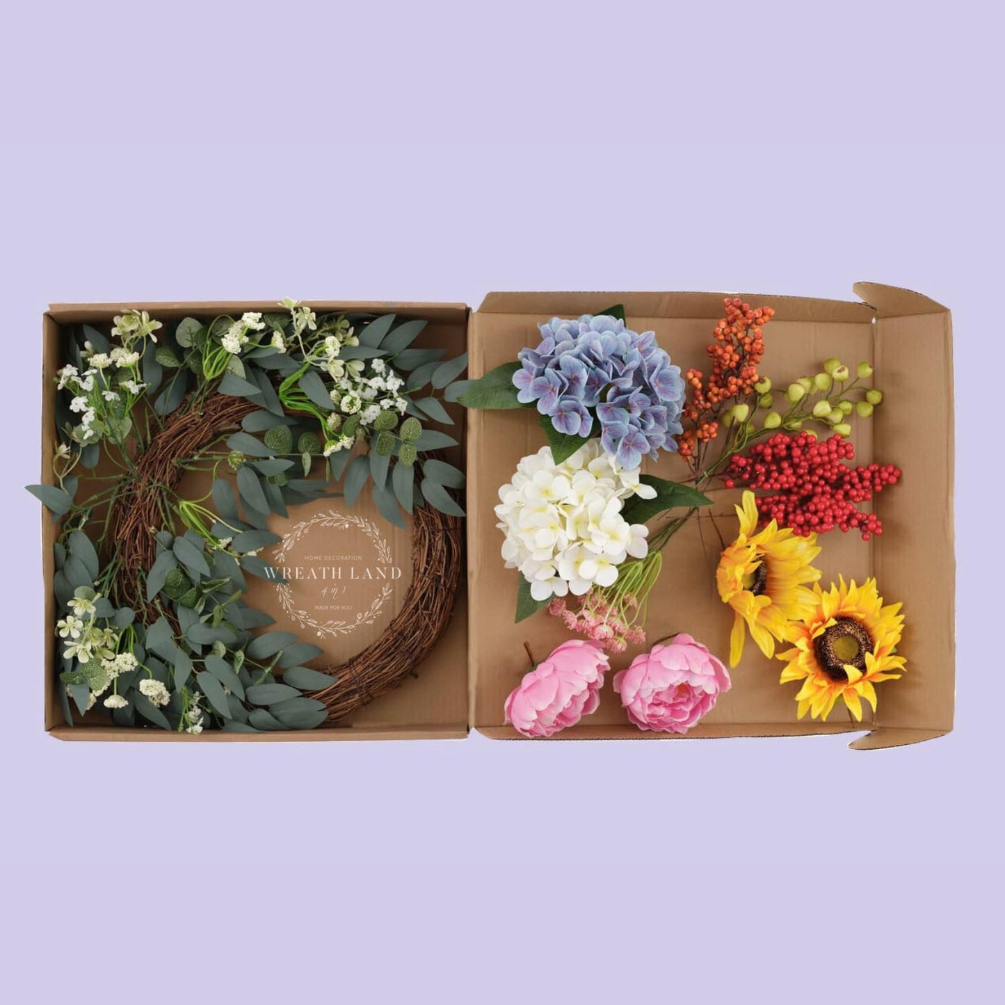 All-Season Interchangeable Grapevine Wreath - DIY Kit with Faux Silk Flowers, Leaves and Berries - Front Door Decor for Spring, Summer, Fall and Winter
