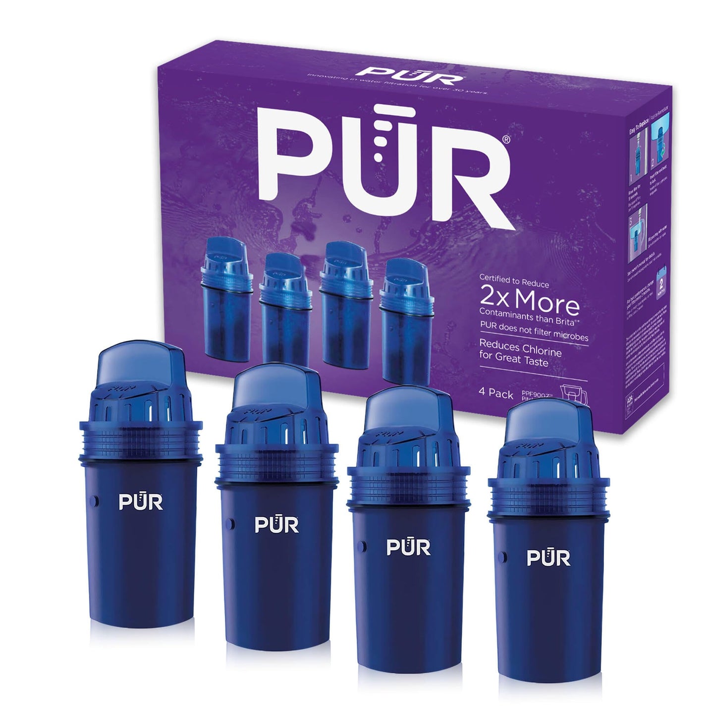 PUR Water Pitcher & Dispenser Replacement Filter 4-Pack, Genuine PUR Water Filter, 2-in-1 Powerful and Faster Filtration, 8-Month Value, Blue (PPF900Z4)