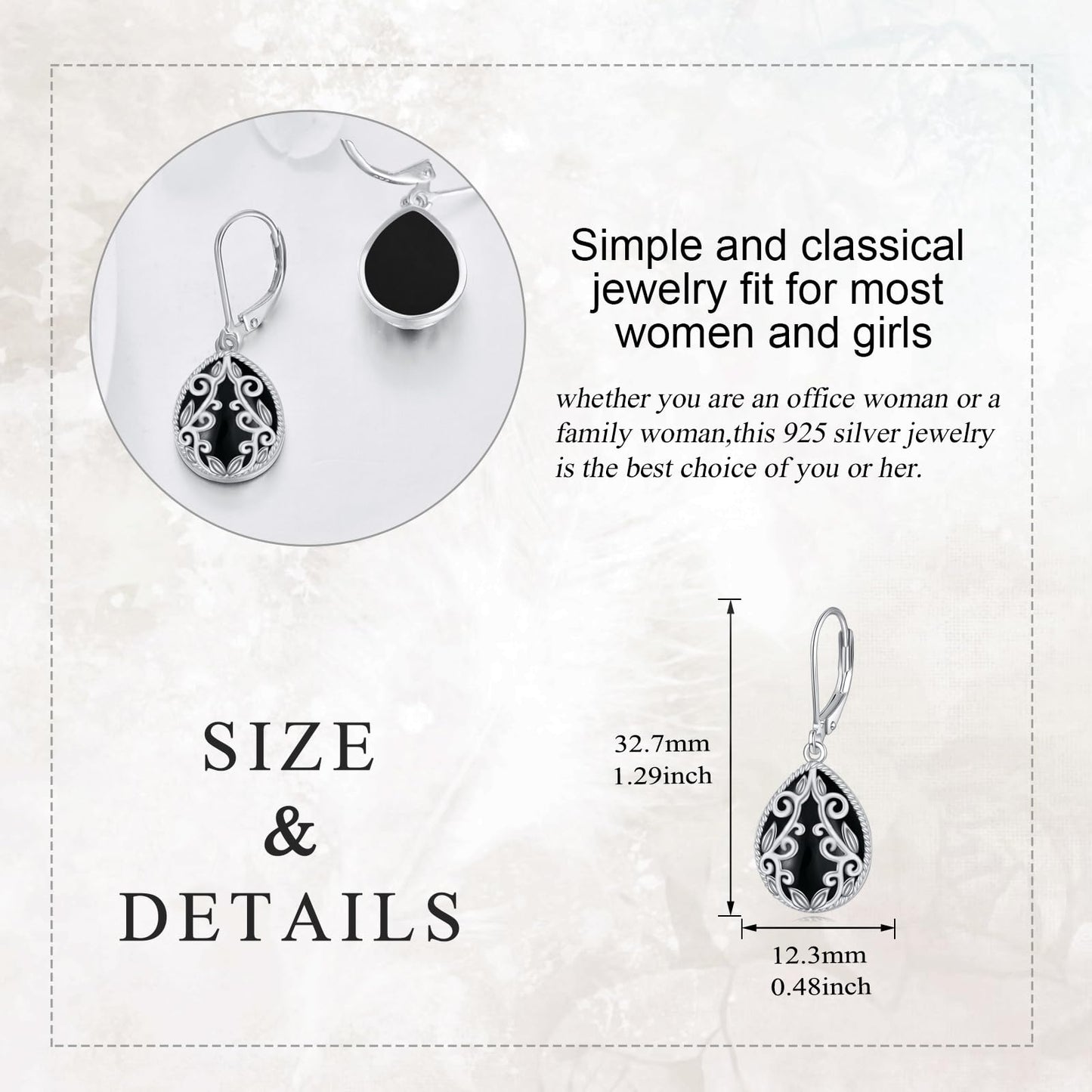 Black Onyx Drop Earrings 925 Sterling Silver Filigree Teardrop Dangle Leverback Earrings Jewelry Gifts for Women