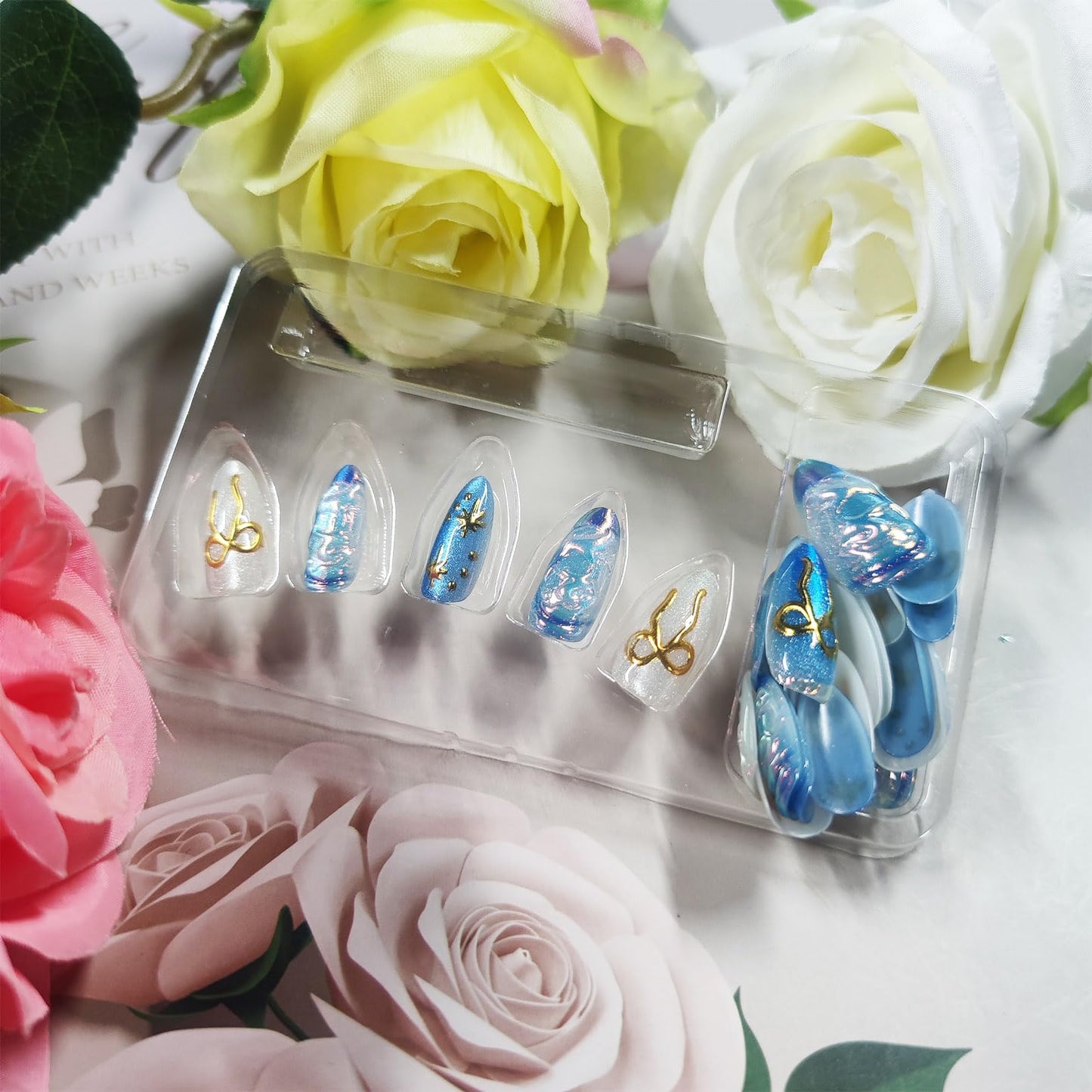 3D Bow Tie Press on Nails 30 Pcs Stars Acrylic Fake Nail Glossy Blue Glitter Stellar River Stick on Fingernails Valentines Almond Medium False Nails Curve Gel Glue on Nail for Women Valentine's Gift