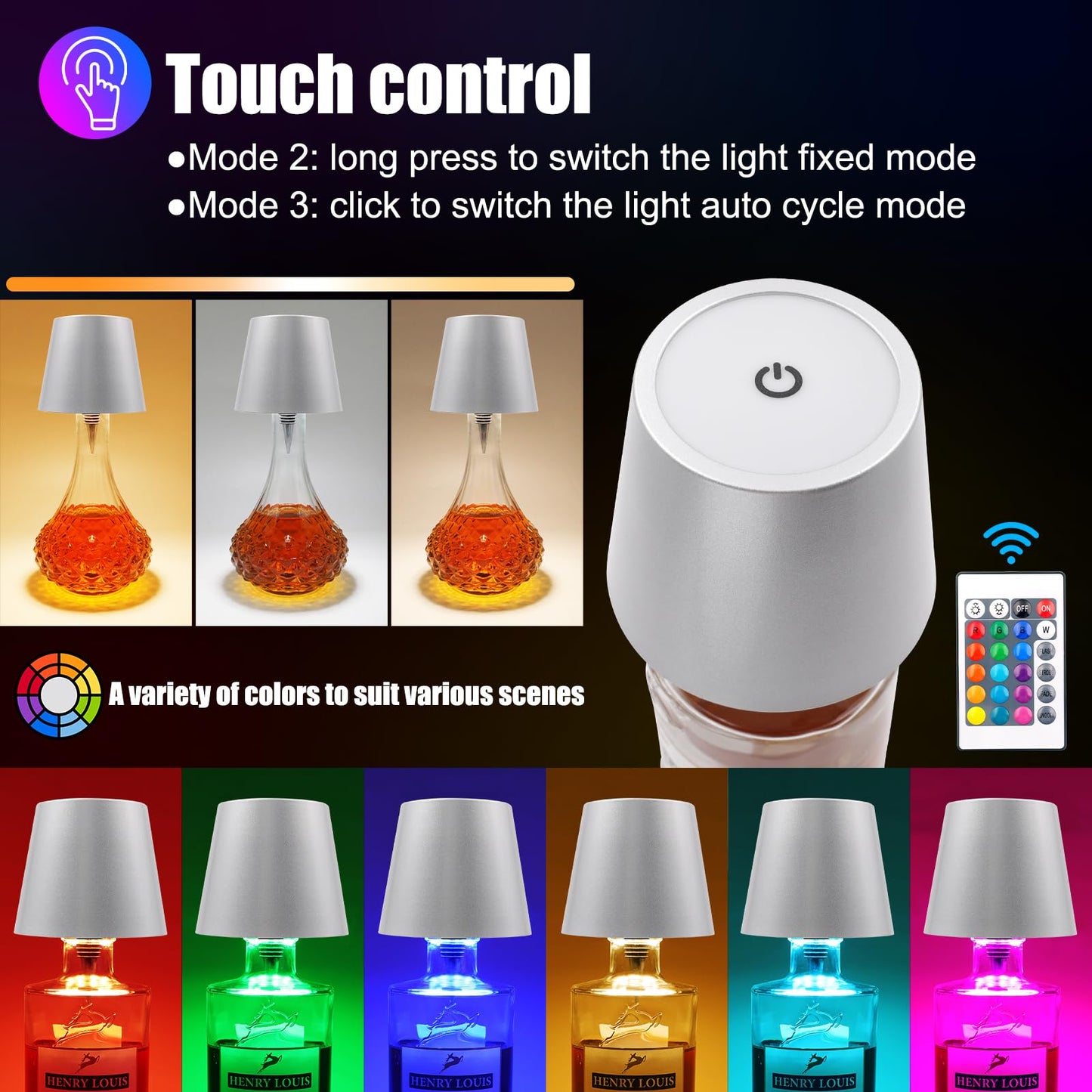 TGXCF Wireless Bottle Lamp with Remote Control, Rechargeable RGB Wine Bottle with 3Modes Light Dimming, Waterproof Bottle Touch Lamp Head for Room, Bar, Restaurant and Party Decorations(Silver RGB)