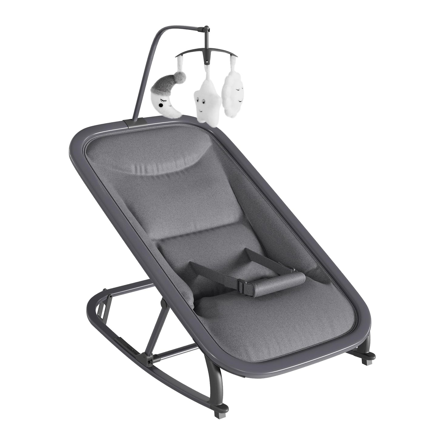 Jojoka Baby Swing for Infants, 3-Position Recline Baby Rocker with Toy Bar, Portable Infant Swing Chair with Lockable Stationary Mode, Lightweight Aluminum Frame, Grey