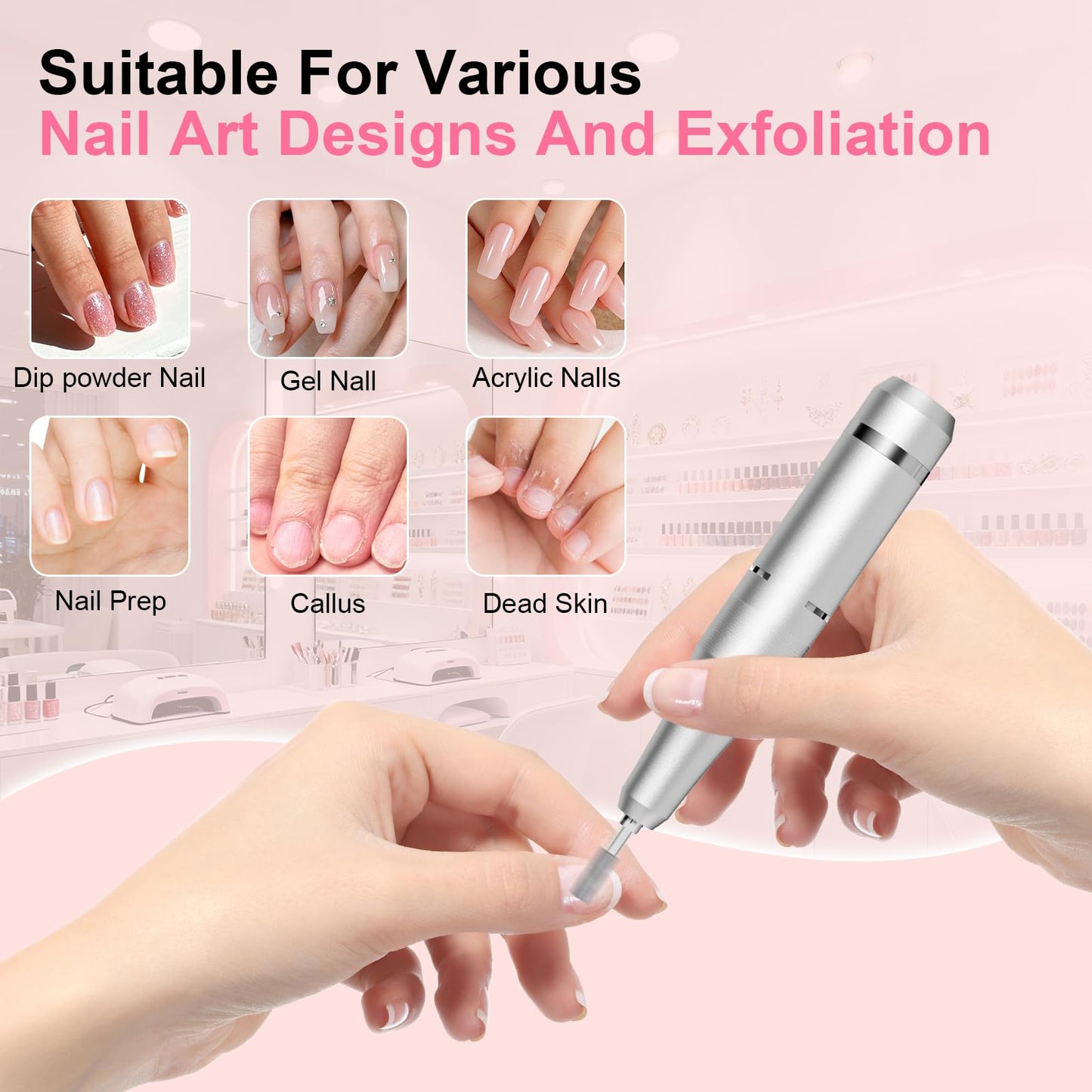 Professional Electric Nail Drill 40000RPM for Salon Home Use, Rechargeable Nail File Machine Kit with 12PCS Bits for Acrylic Gel Nails, Portable Efile Manicure Pedicure Tool (White)