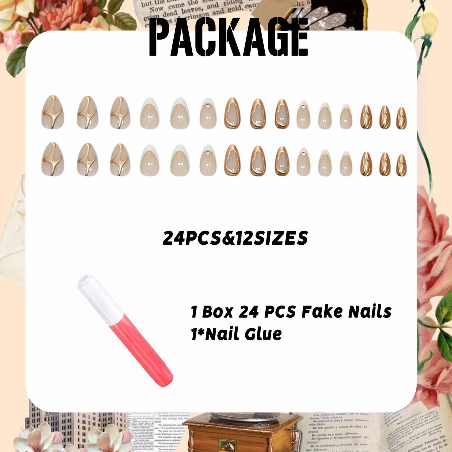 IMSOHOT French Tip Press on Nails Medium Almond Fake Nails Nude White False Nails with 3D Gold Chrome Design Glossy Acrylic Glue on Nails