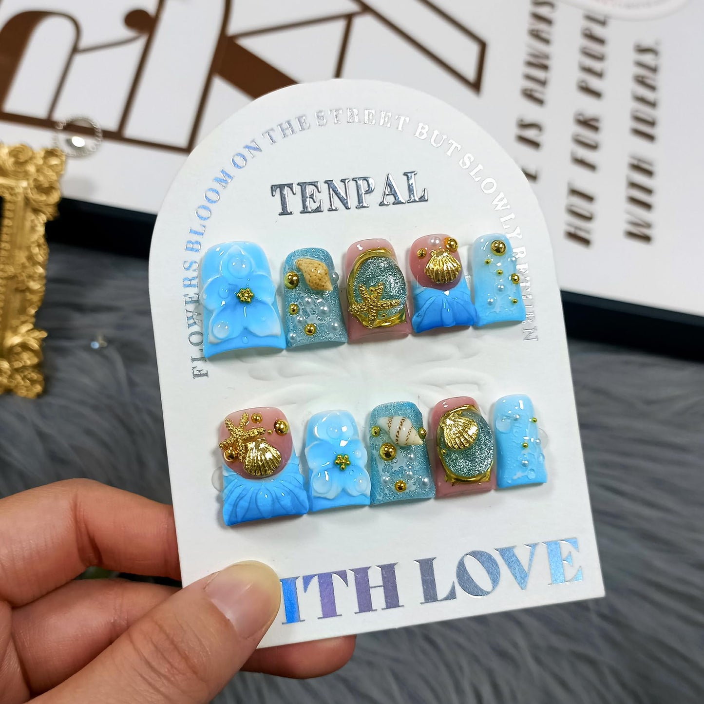 TENPAL Handmade Duckbill Press on Nails Short - Ocean Blue 3D Shell Starfish Glitter Design Fake Nails with Tools, Acrylic Glossy Reusable Y2K False Duck Nails for Women Girls(L)