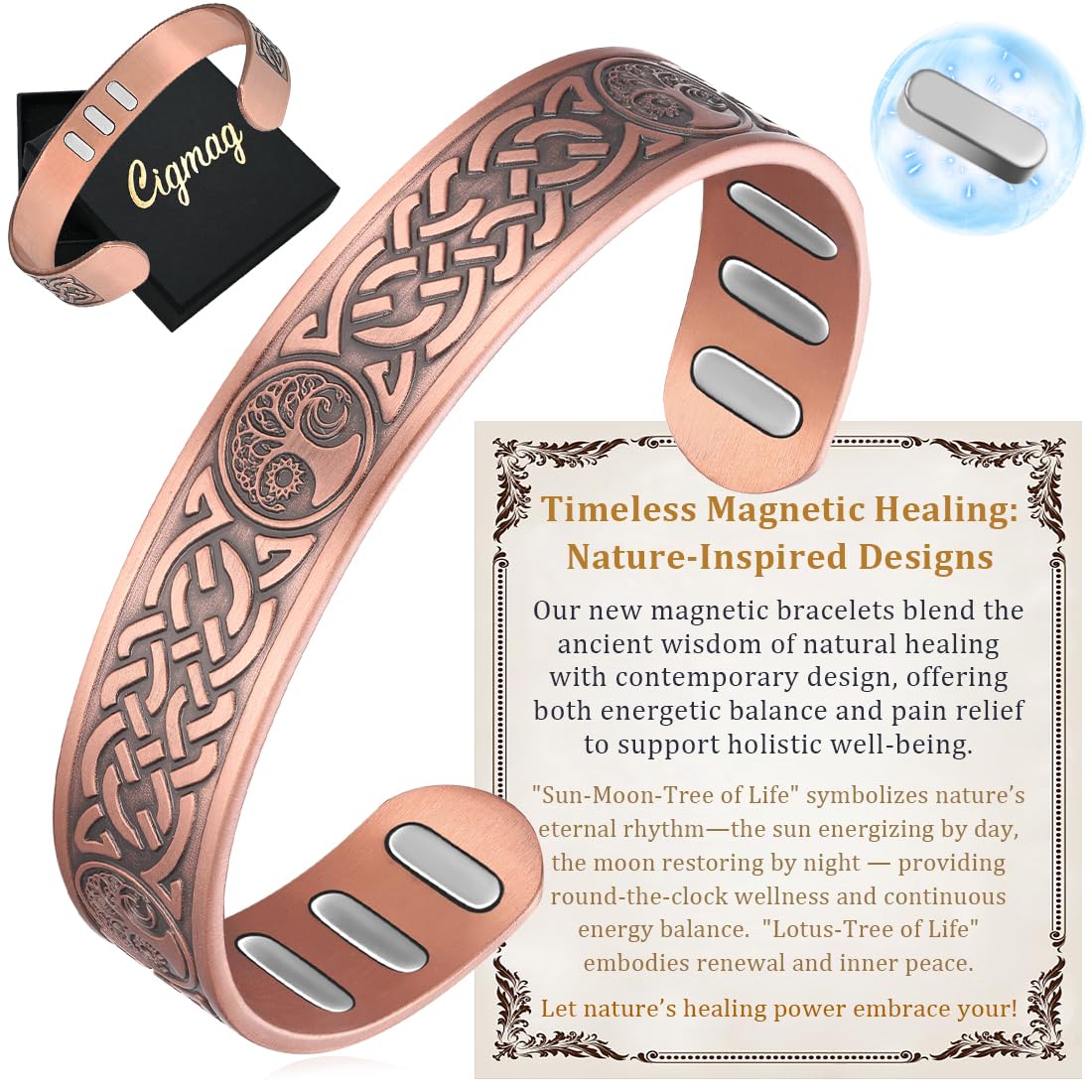 Cigmag Copper Magnetic Bracelet for Men, with Powerful 9X 5000 Gauss Magnets, Adjustable Solid Pure Copper (Sun Moon Life Tree)