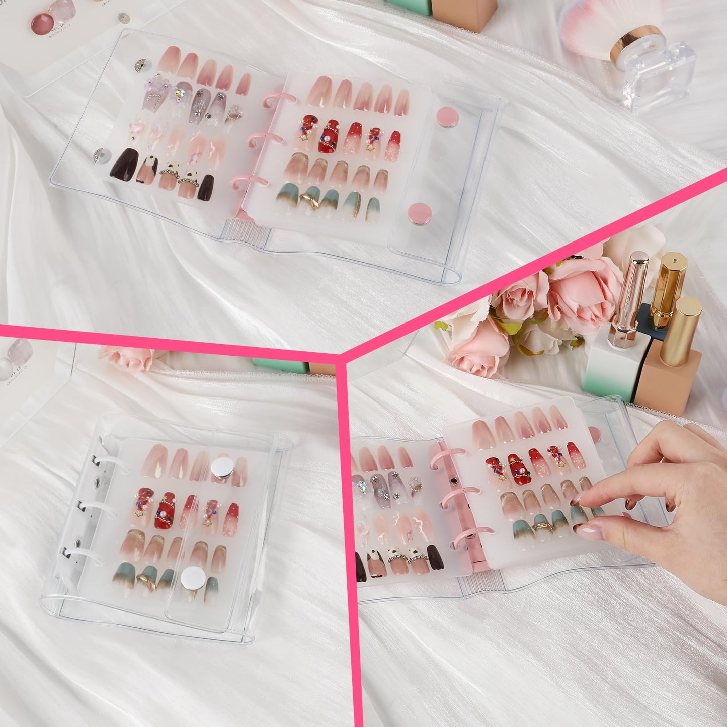 ASTONFOG Press On Nail Organizer, 2Pcs Press On Nail Binder Book with 12 Insert Pages-A8 Sized & Double Sized Tape, Fake Nails Swatch Display Collecting Storage Book(Pink+White)