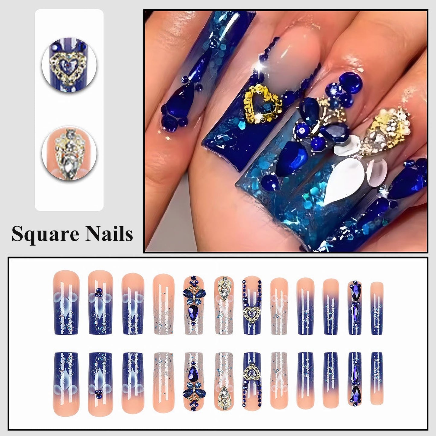 MISUD Press on Nails - Long Square Fake Nails with Royal Blue, Acrylic Bling Glitter Rhinestone Design 24 pcs