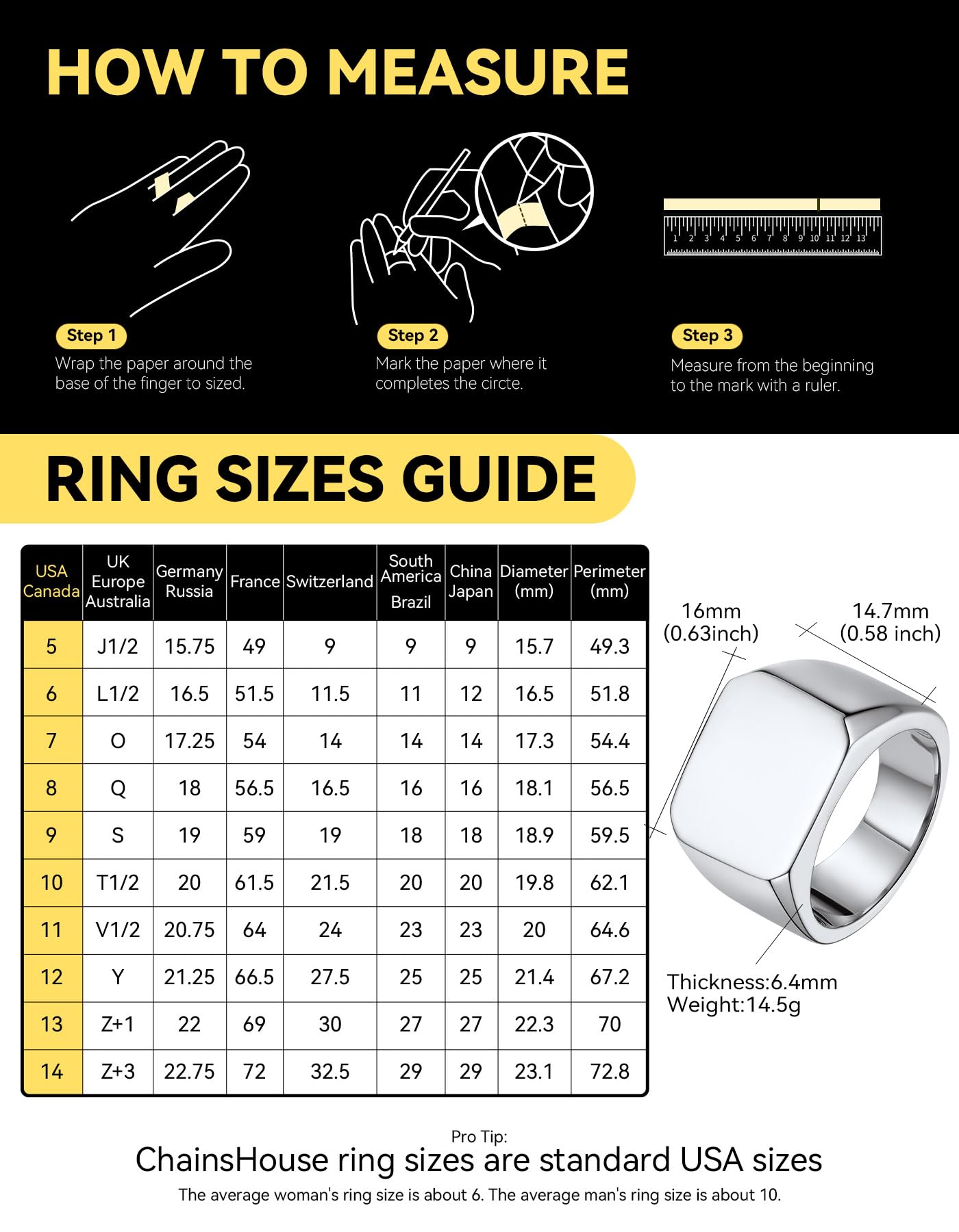 ChainsHouse Signet Rings Stainless Steel Biker Ring for Men Women, Solid Polished Statement Hip Hop Thumb Ring, Gift for Dad, Size 14