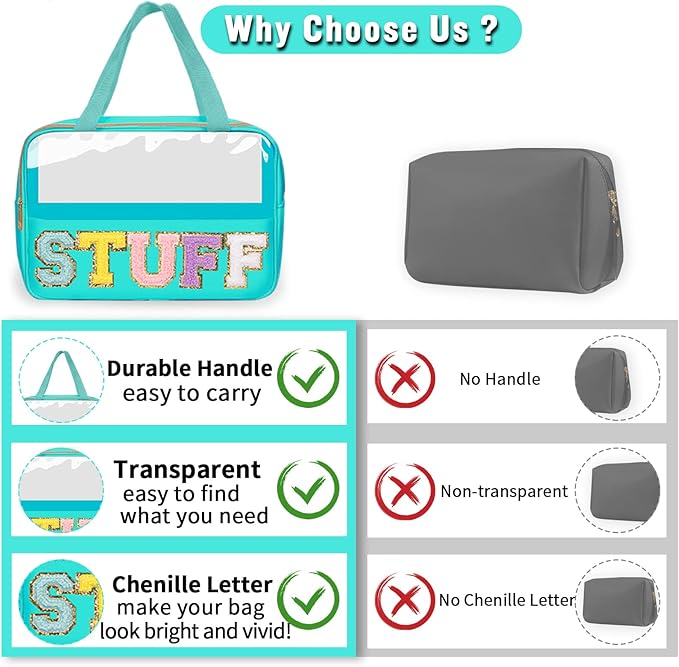 Preppy Clear Stuff Makeup Bags with Chenille Letter Patches, Travel Essentials Large Clear Make up Bag Zipper Pouch with Handle, Waterproof Nylon Cosmetic Toiletry Storage Tote for Women (STUFF-Green)