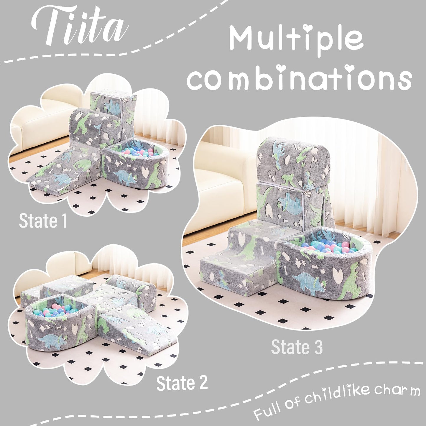 Tiita Baby Climb and Crawl Playset 5-Piece, Kids Foam Climbing Block with Small Ball Pit - Indoor Soft Play Climber for Playtime Fun, Grey Star, Green Dinosaur