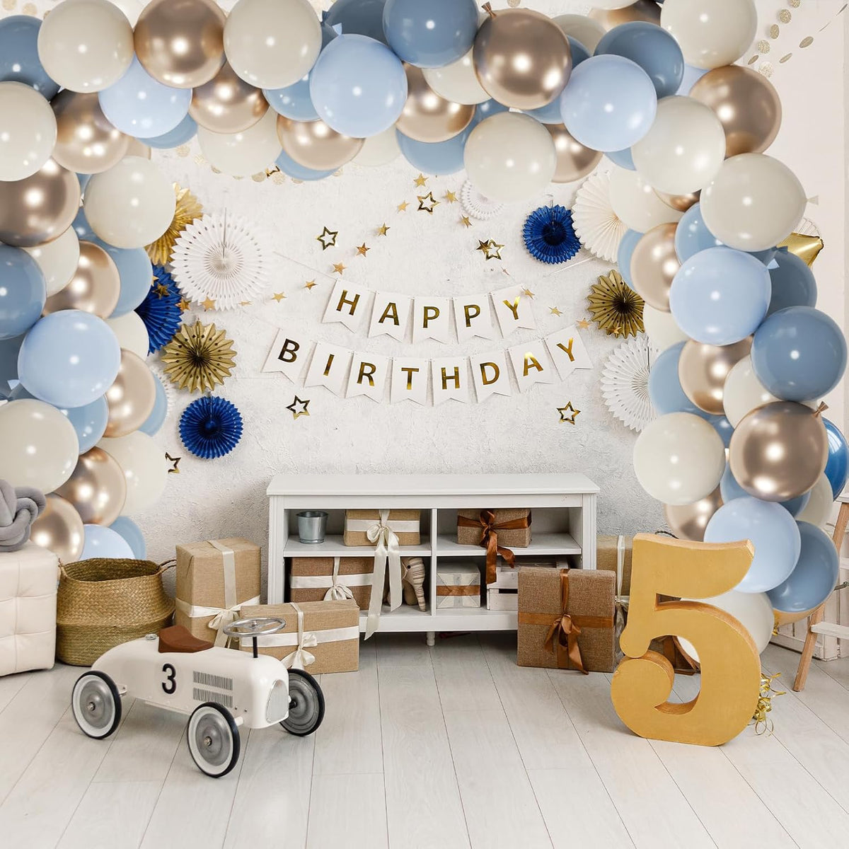 50pcs Dusty Blue Balloon Set, 12-Inch Baby Slate Blue, Sand White & Champagne Gold Confetti Balloons, Elegant Decor for Baby Showers, Weddings, Graduations & Boys' Birthdays