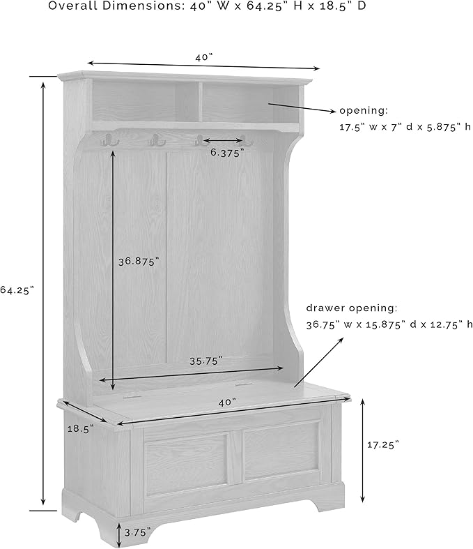 Crosley Furniture Campbell Hall Tree with Storage Bench and Coat Rack Hooks for Hanging, White