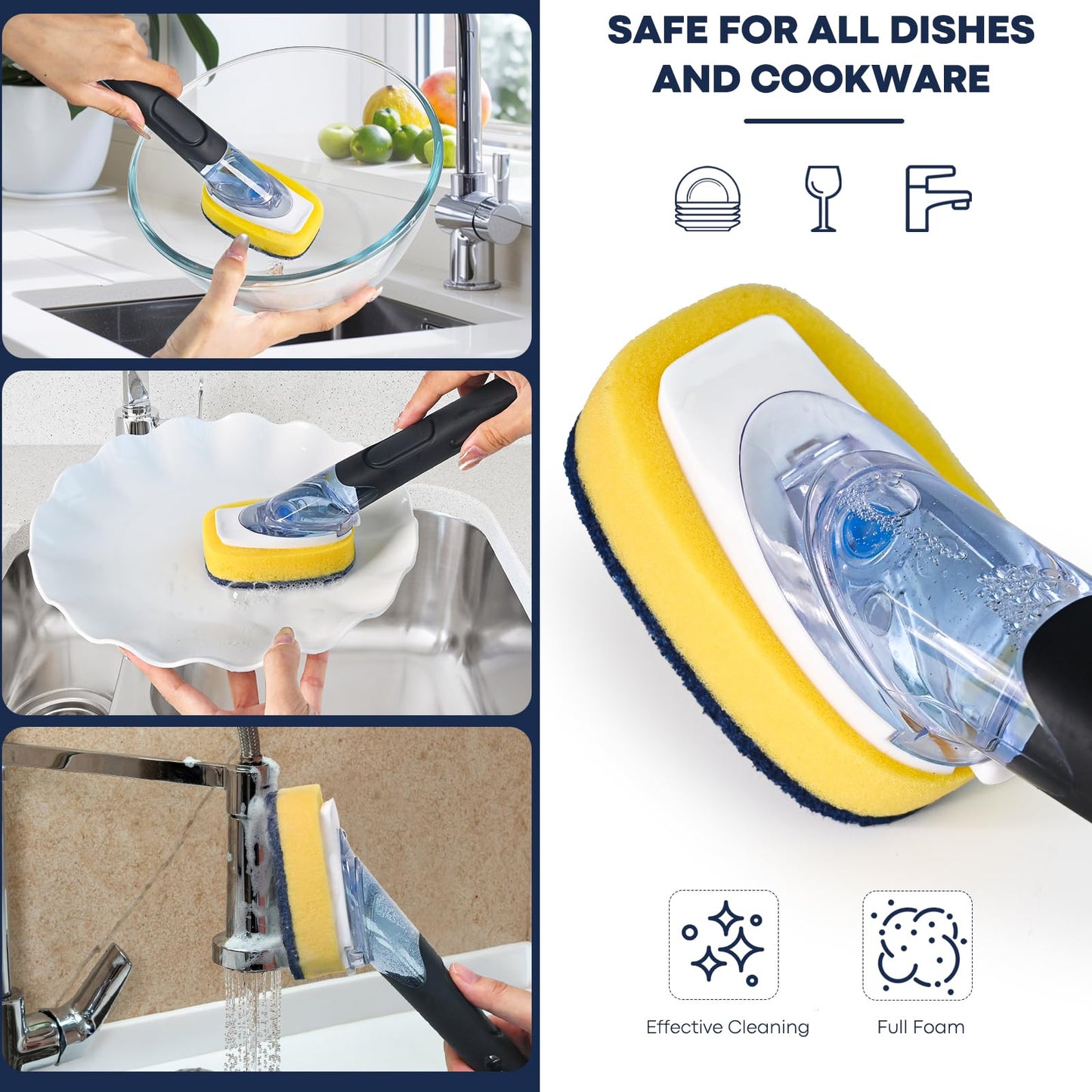 Dish Brush with Soap Dispenser Storage Set with 2 PCS Sponge Refills & Holder, Soap Dispensing Dish Brushes, Sponge with Soap Dispenser Handle, Dish Sponges with Handle for Dishes Pans Pots Sink