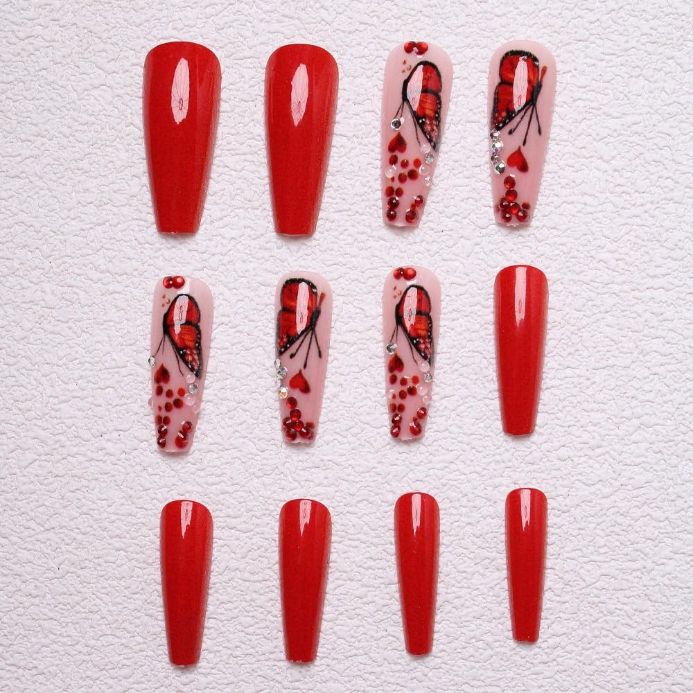 Long Coffin Press on Nails Butterfly Fake Nails Glossy Glue on Nails Red French Tip Acrylic Nail Bling Glitter Artificial Nail 3D Rhinestone Stick on False Nails with Gradient Design 24 pcs