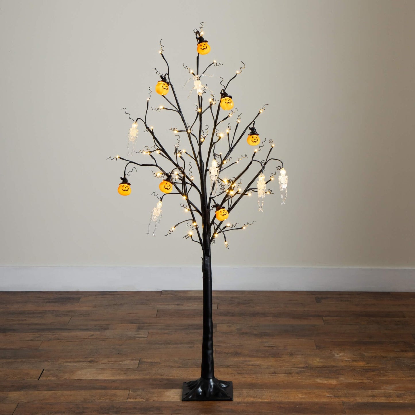 Nearly Natural 5ft Pre-Lit Halloween Pumpkins and Skulls Ornament Tree with 72 Warm White LED Lights