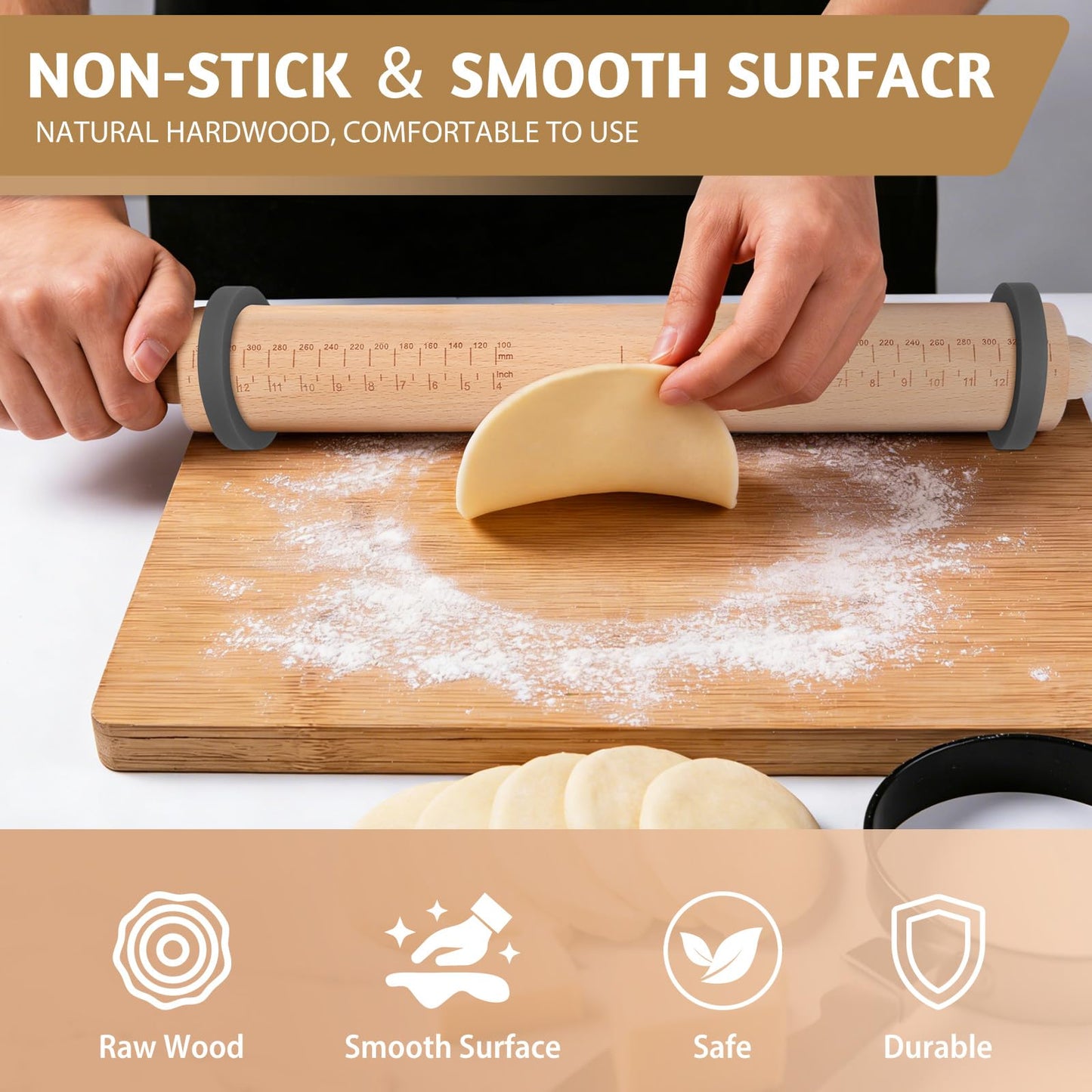 Long Adjustable Wood Rolling Pin: 21.1 Inch Rolling Pin with Thickness Rings and Measurement - Wooden Dough Roller for Baking Pastry Pizza Pie Crust Tortillas Cookie Bread - Bakers Baking Lovers
